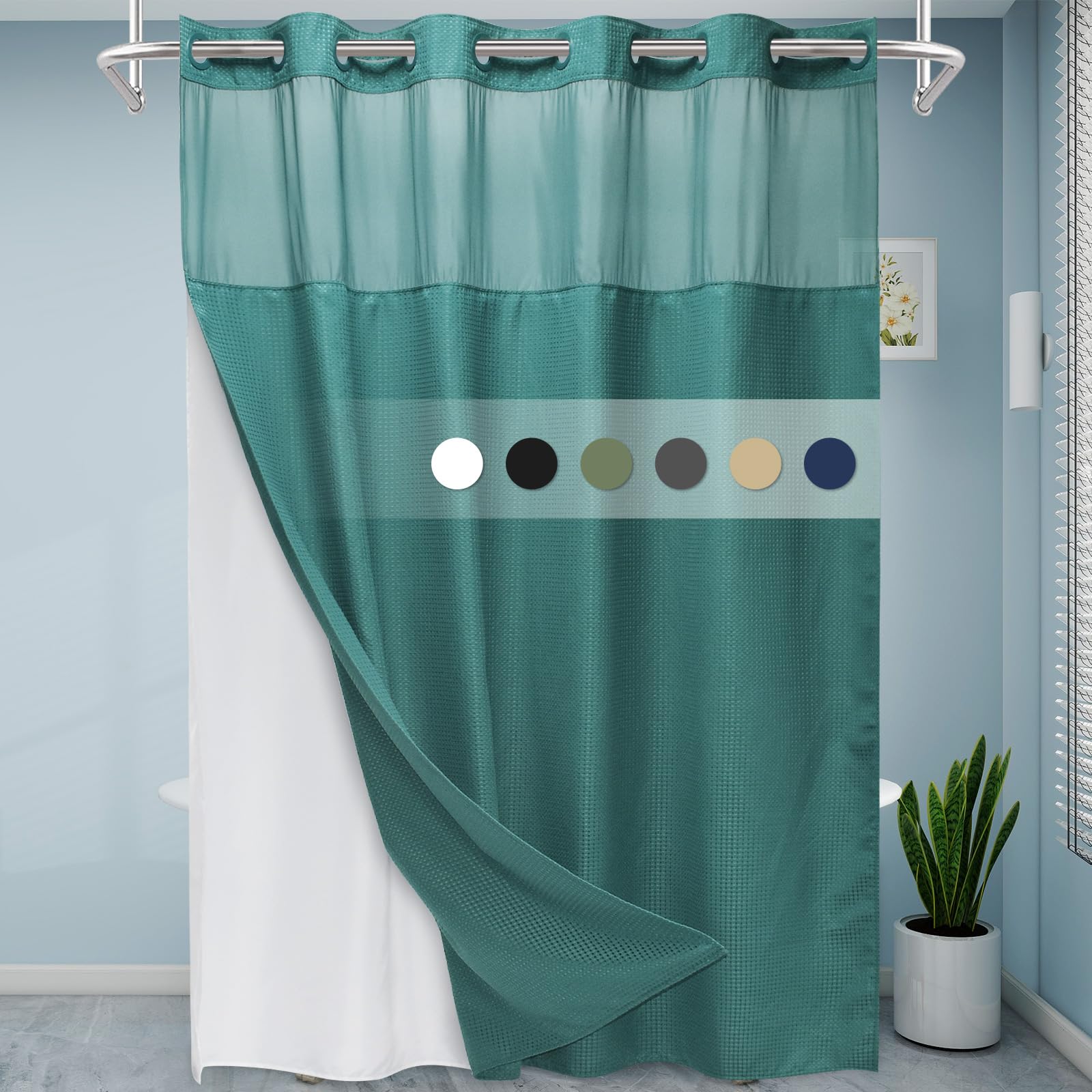 Eutxl Seaweed Green Long No Hook Shower Curtain With Snap In Liner,230Gsm Waffle Weave Shower Curtains For Bathroom,71W X 86H