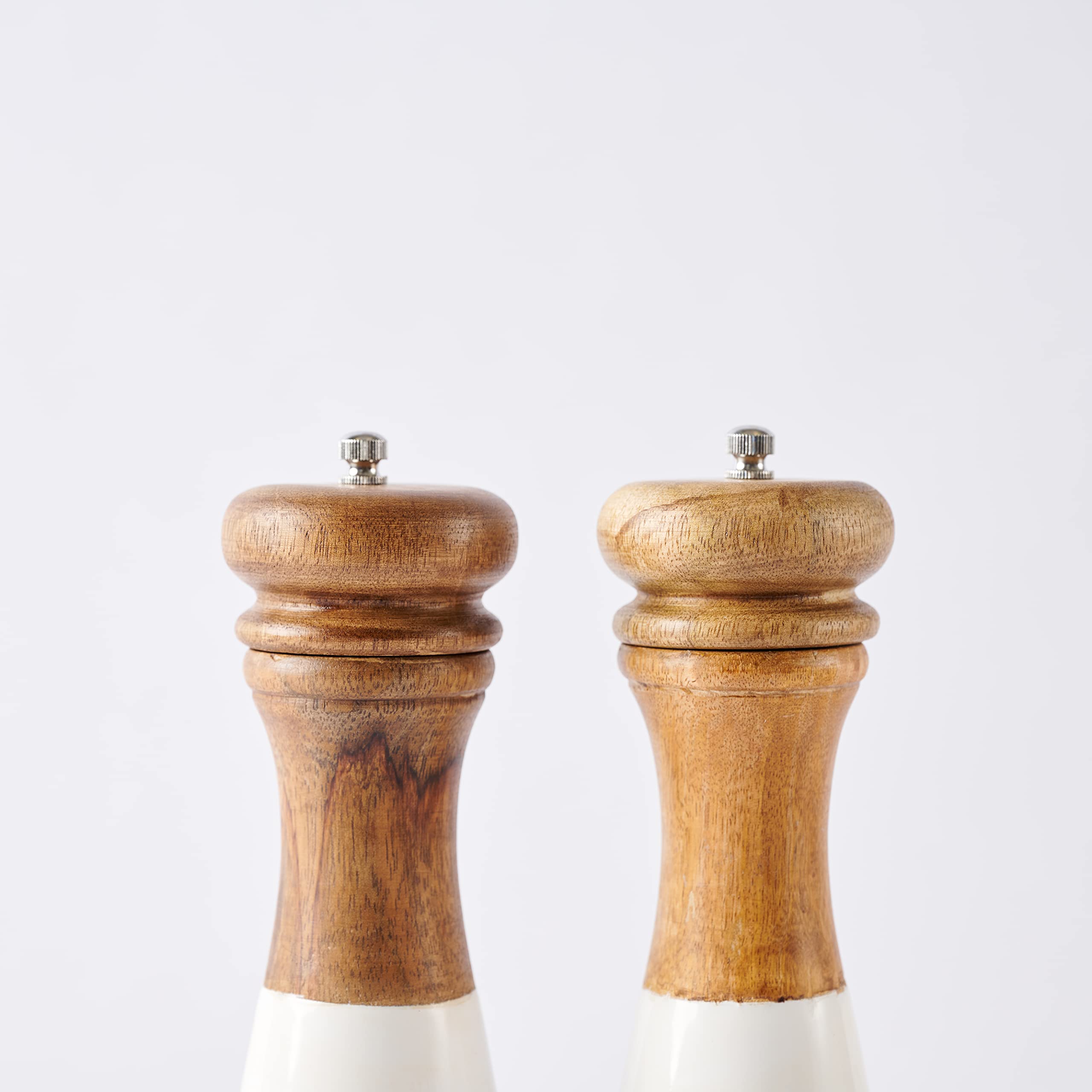 Mud Pie Farmhouse Wood And Enamel Mills Salt And Pepper Set, 10 1/2'' X 3'' Dia, White, Brown