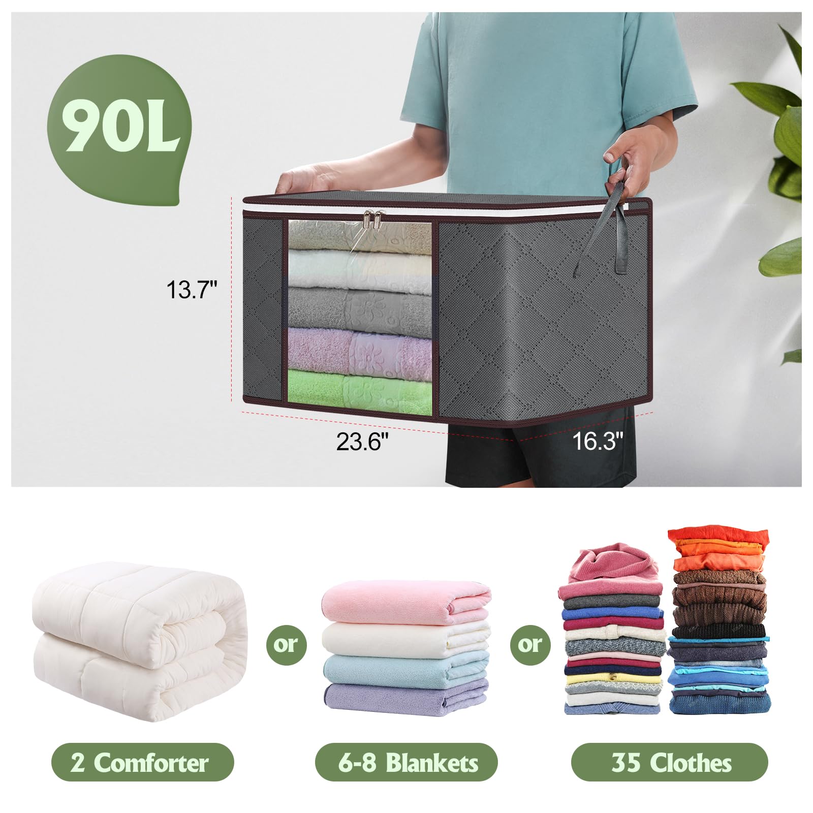 90L Large Storage Bags,6 Pack Foldable Clothes Storage Bins with Zipper and Lids Closet Organizers Storage ContainersDurable Han