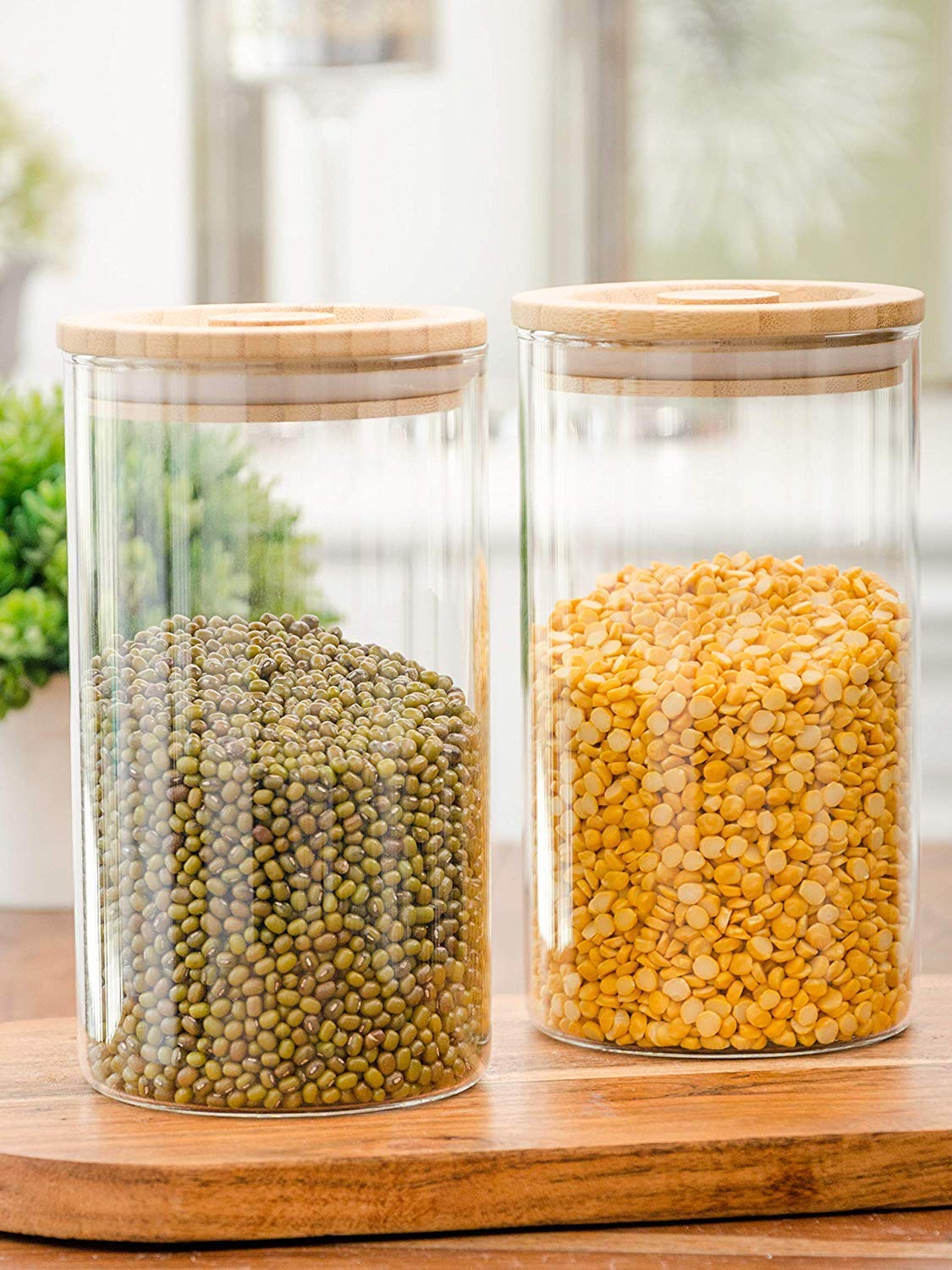Home Craf Wooden Lid Glass Containers For Storage 1400 Ml Set Of 2 Glass Jar With Wooden Lid Containers For Kitchen Storage Set 