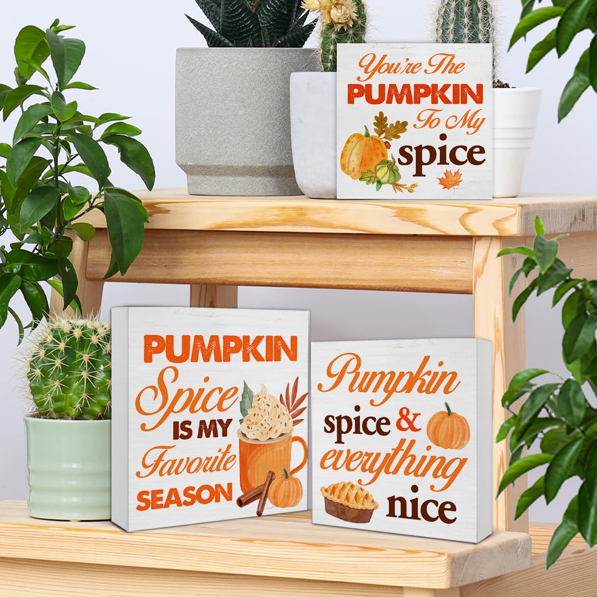 Fall Wood Signs Decor Rustic Fall Pumpkin Spice Wooden Blocks Signs for Autumn Tiered Tray Table Desk Shelf Decor Set of 3