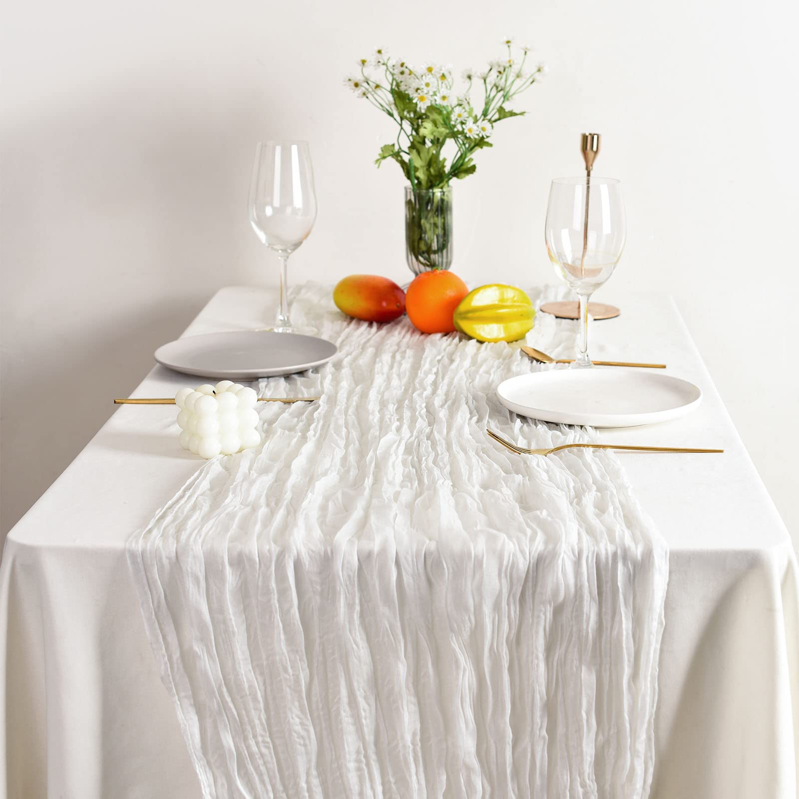 Icosamro White Cheesecloth Table Runner Set Of 2, 13Ft (36X157 Inch), Boho Cheese Gauze Cream Beige Decoration For Fall Thanksgi