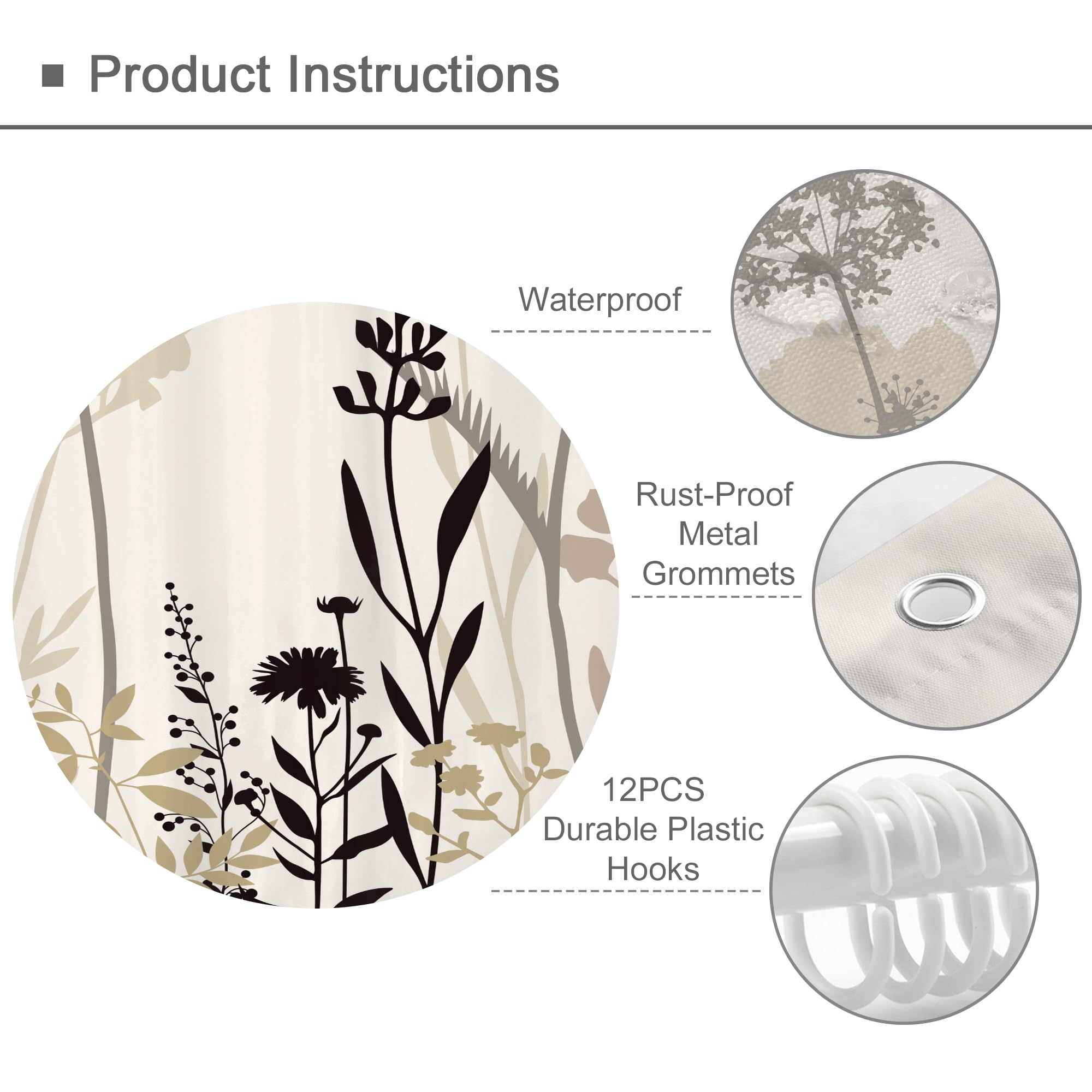 Omifly Beige Cream Floral Shower Curtain 72Wx72H Inch Taupe Brown Silhouette Wildflower Rustic Boho Plant Botanical Vintage Abst