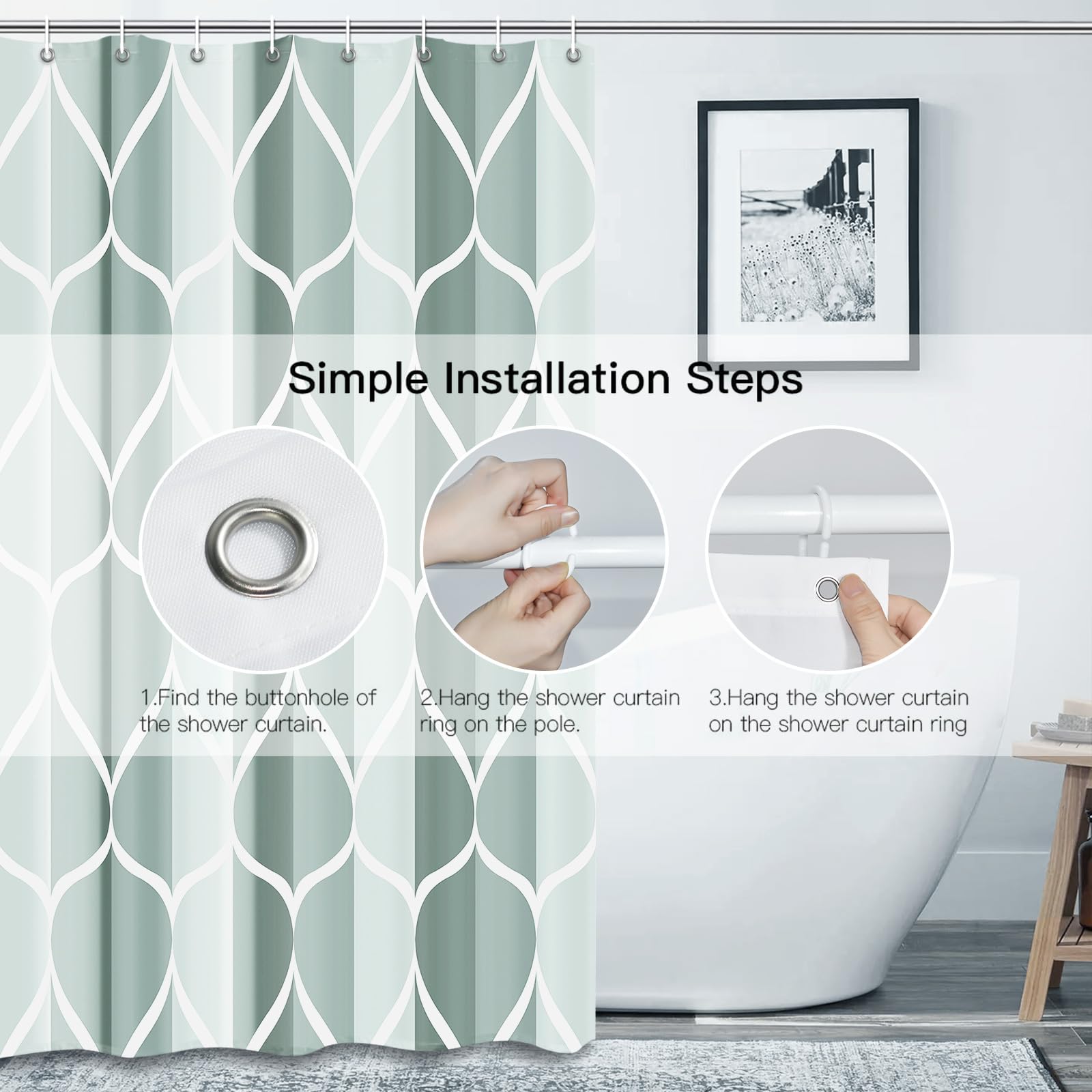 Gelbchu Dark Green Geometric Shower Curtain  Waterproof Design and Polyester  Quick-Drying  Weighted Hem  Green Fabric Shower Curtains Set for Bathroom W 72 x H 72  Durable and Washable with 12 Hooks