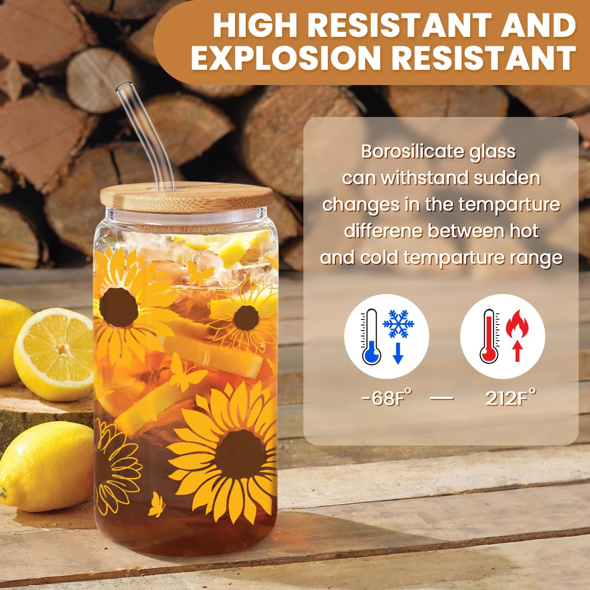 Sunflower Gifts for Women - Sunflower Cup 16 Oz Can Glass Coffee Cups with Bamboo Lid and Straw - Gift for Birthday