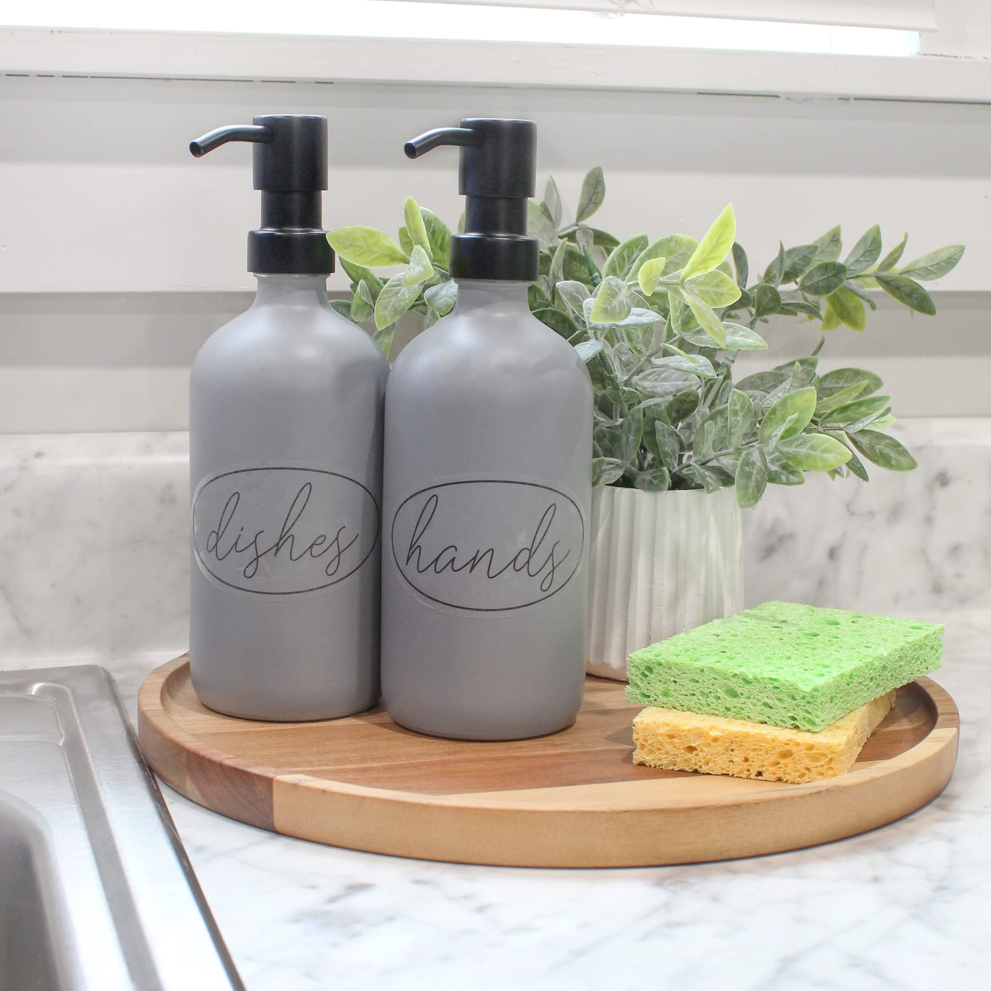 Darware 16Oz Glass Pump Bottles (Set Of 2, Gray W/Black); Soap Dispenser Pump Bottles With Brushed Metal Pump Tops