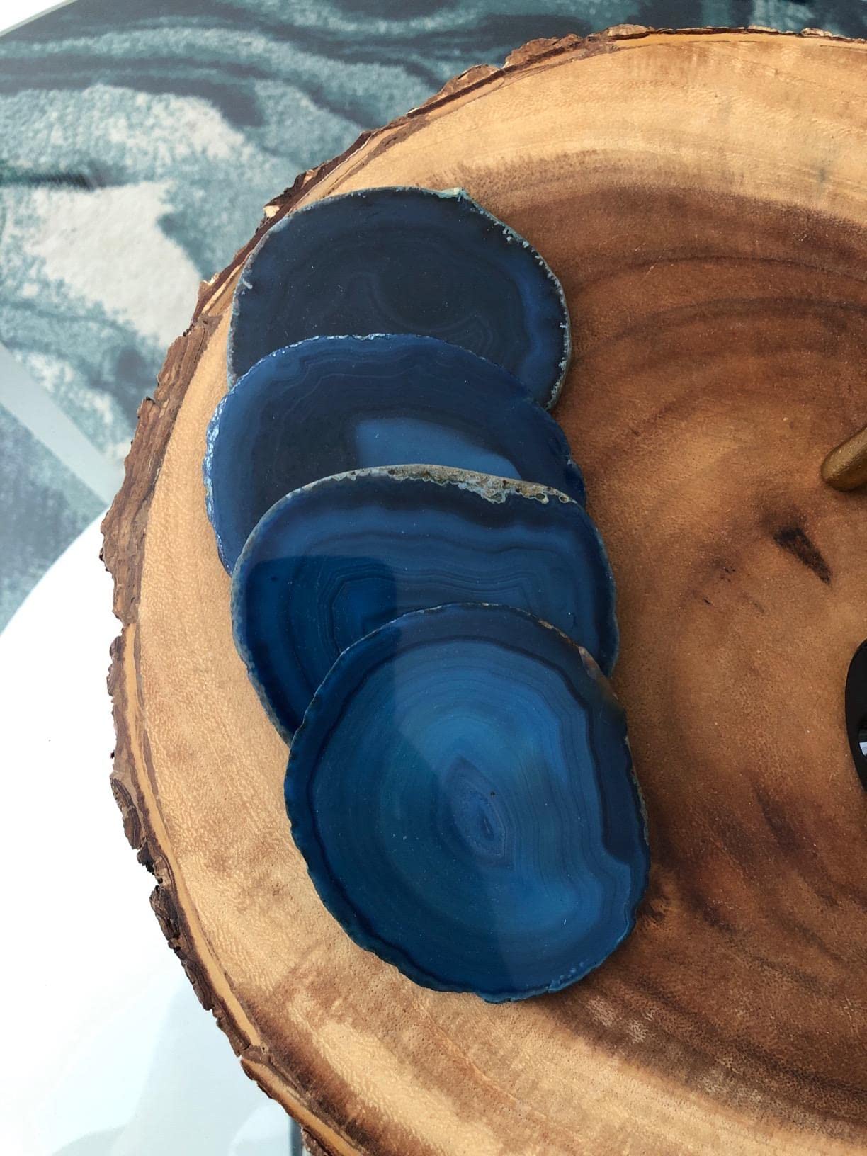 Amoystone Natural Stone Coasters Set Of 4 Blue Agate Crystal Coasters 3-3.5'' For Drinks Slice Coaster Cup Mat Beverage Mother G
