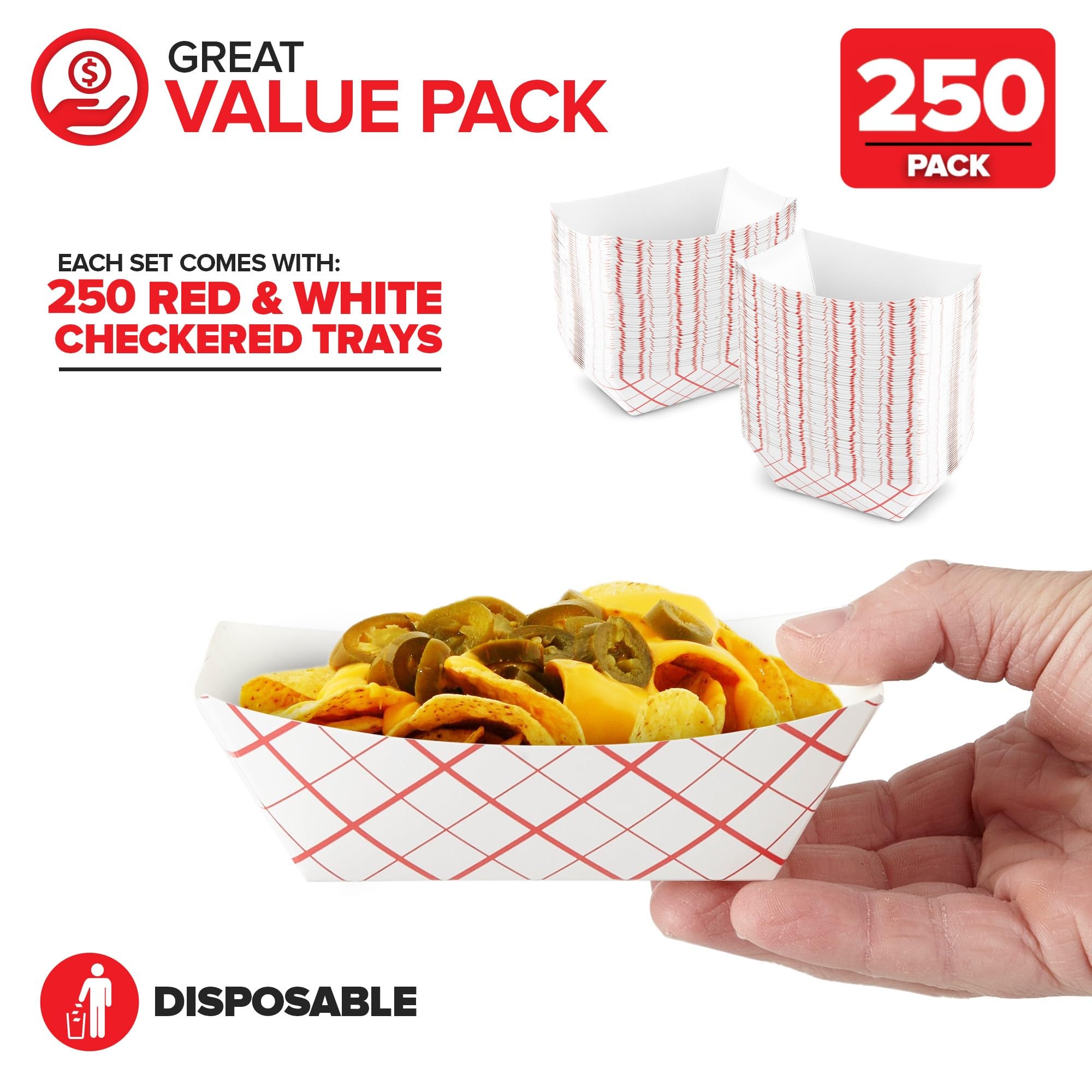 Extra Small Paper Food Boats (250 Pack) .5 Lb Disposable Red & White Checkered Paper Food Trays, Eco Friendly Paper Food Trays,