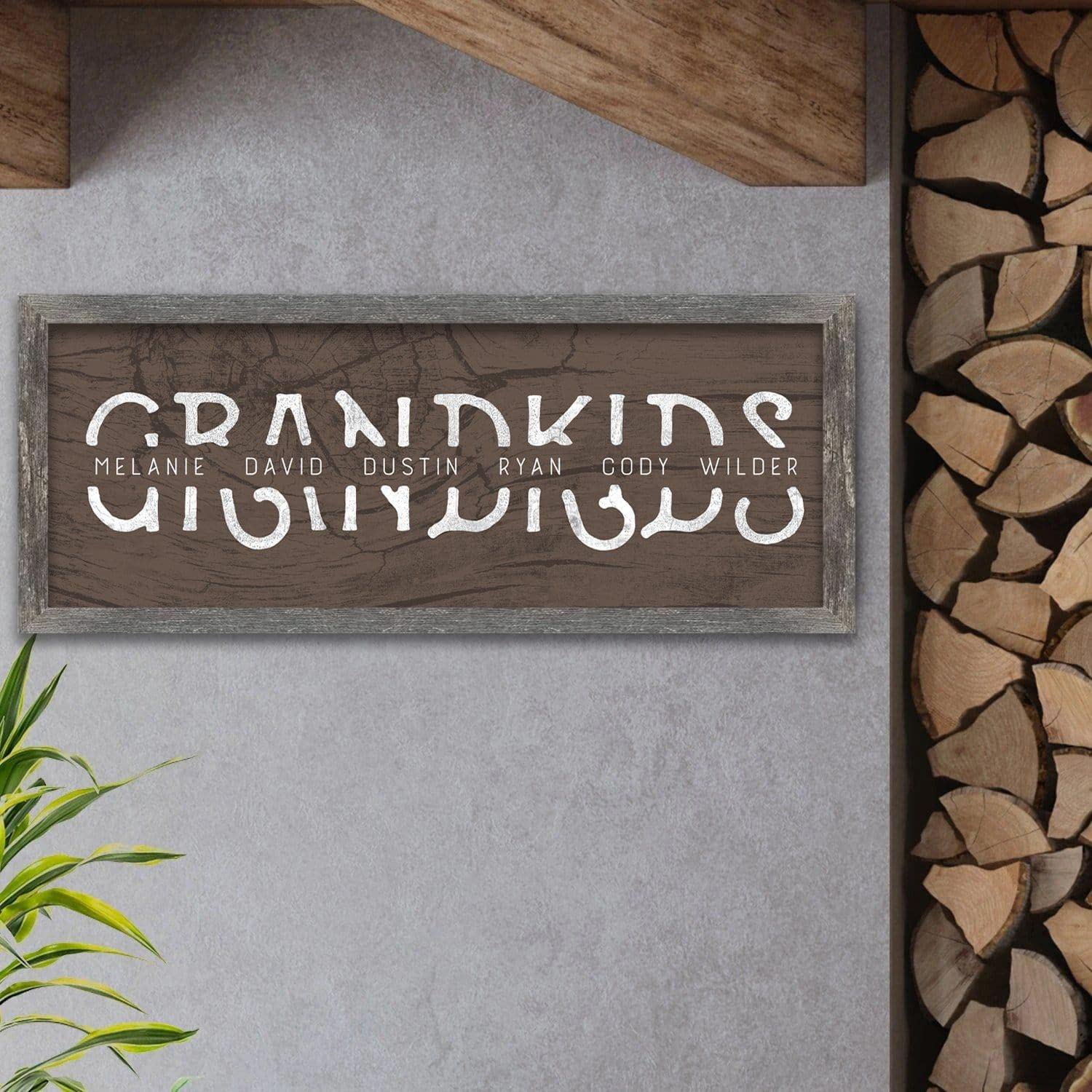 Grandkids - Personalized Art Gift For Grandparents (Rustic Woodgrain, 13.5''X32.5'' Framed Canvas)