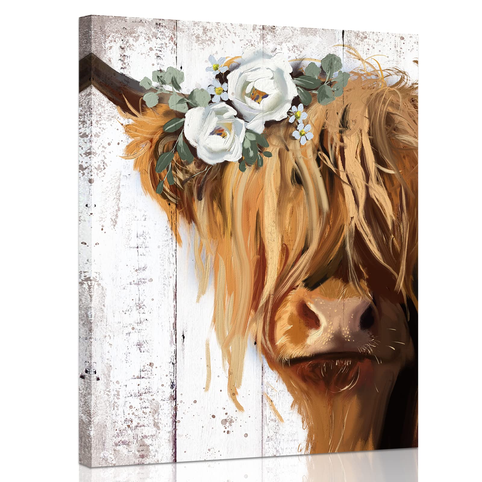 Highland Cow Canvas Wall Art: Cow With White Flower Picture Farmhouse Cow Decor Framed Poster For Bedroom Living Room Home Offic