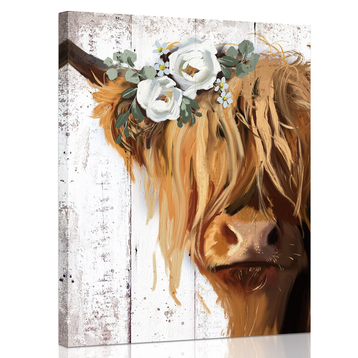 Highland Cow Canvas Wall Art: Cow With White Flower Picture Farmhouse Cow Decor Framed Poster For Bedroom Living Room Home Offic