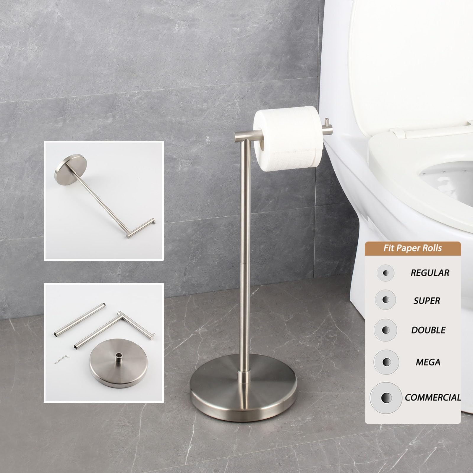 GERZWY Toilet Paper Holder Free Standing SUS 304 Stainless Steel Rustproof Pedestal Lavatory Tissue Roll Holder Floor Stand Storage Modern Brushed Finish DZY002-LS
