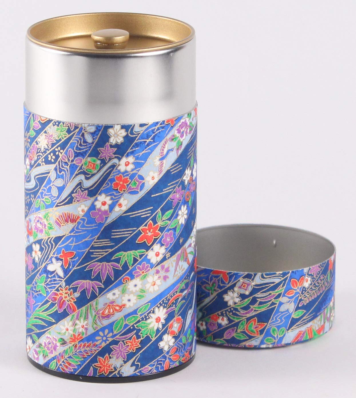 Kotodo Washi Paper Tea Tin Canister: Long 7Oz (200G) Shades Of Blue Ribbons (#114), Japan