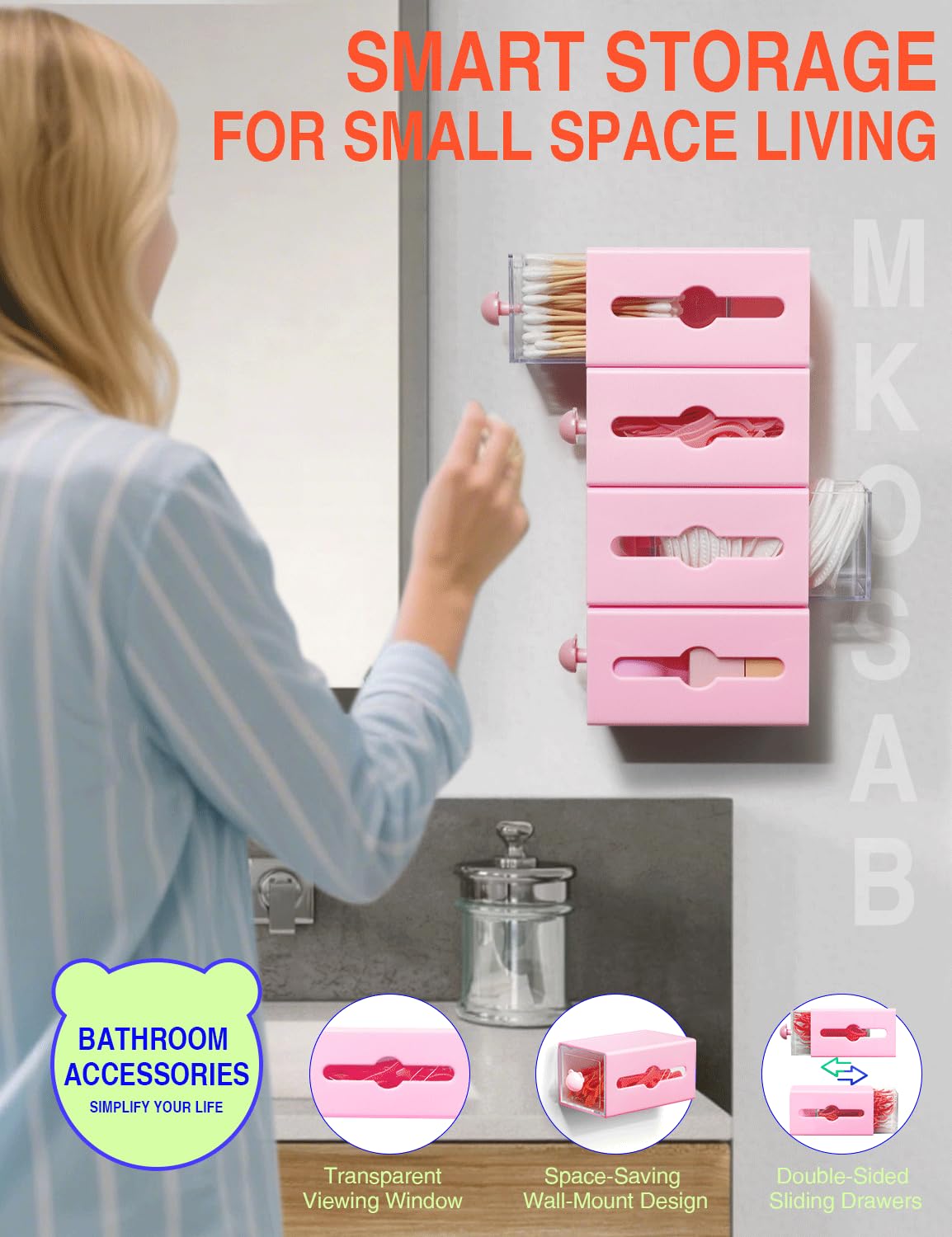 Qtip Holder for Bathroom Wall Organizer - Bathroom Decor, Dorm Room Essential, Small Q-tip Dispenser for Cotton Swabs, Balls, Pa
