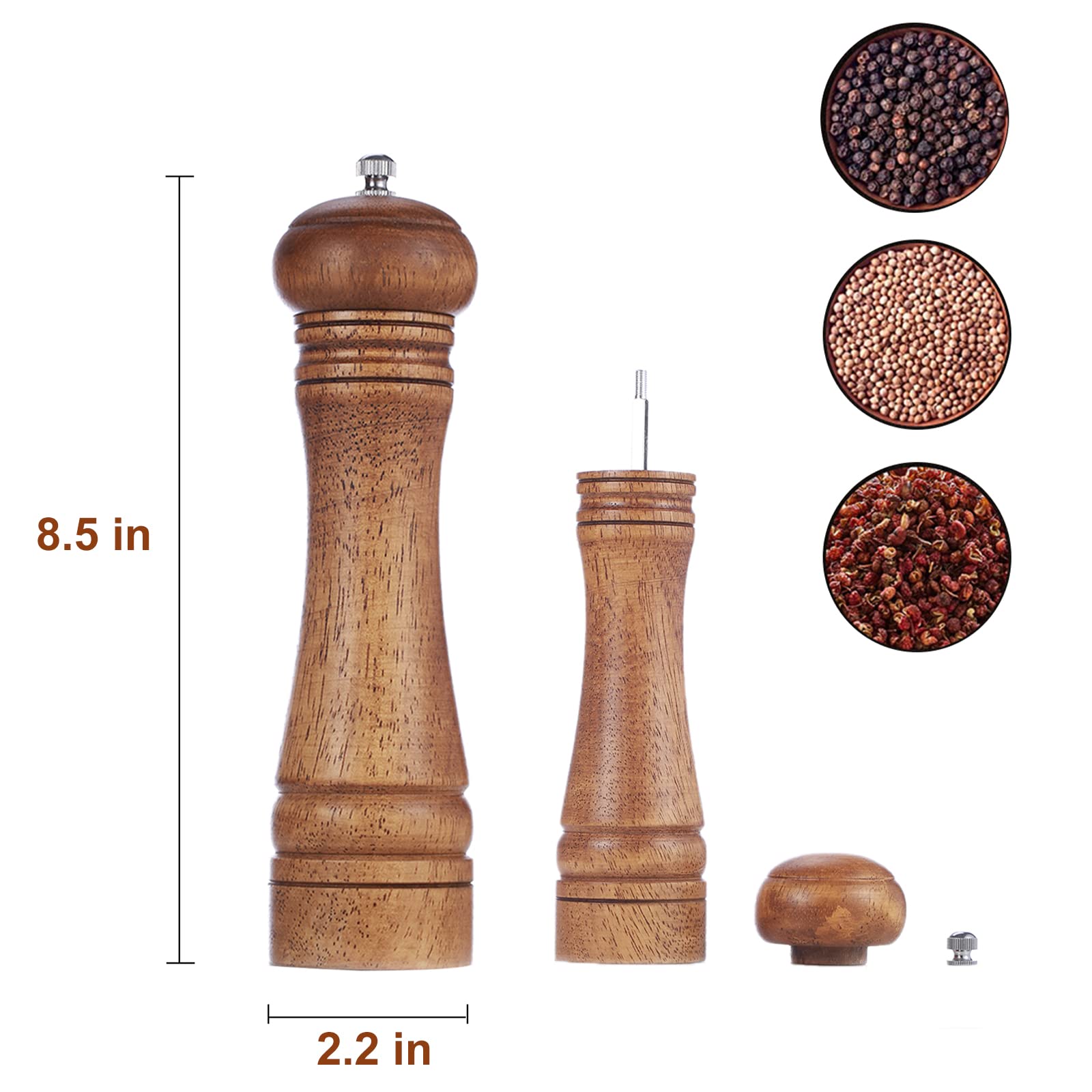 Gulex Wood Pepper Grinder Pepper Mill,Adjustable Coarseness 8 Inch Wooden Peppermill, Retro Style Ceramic Grinding Mechanism Sal