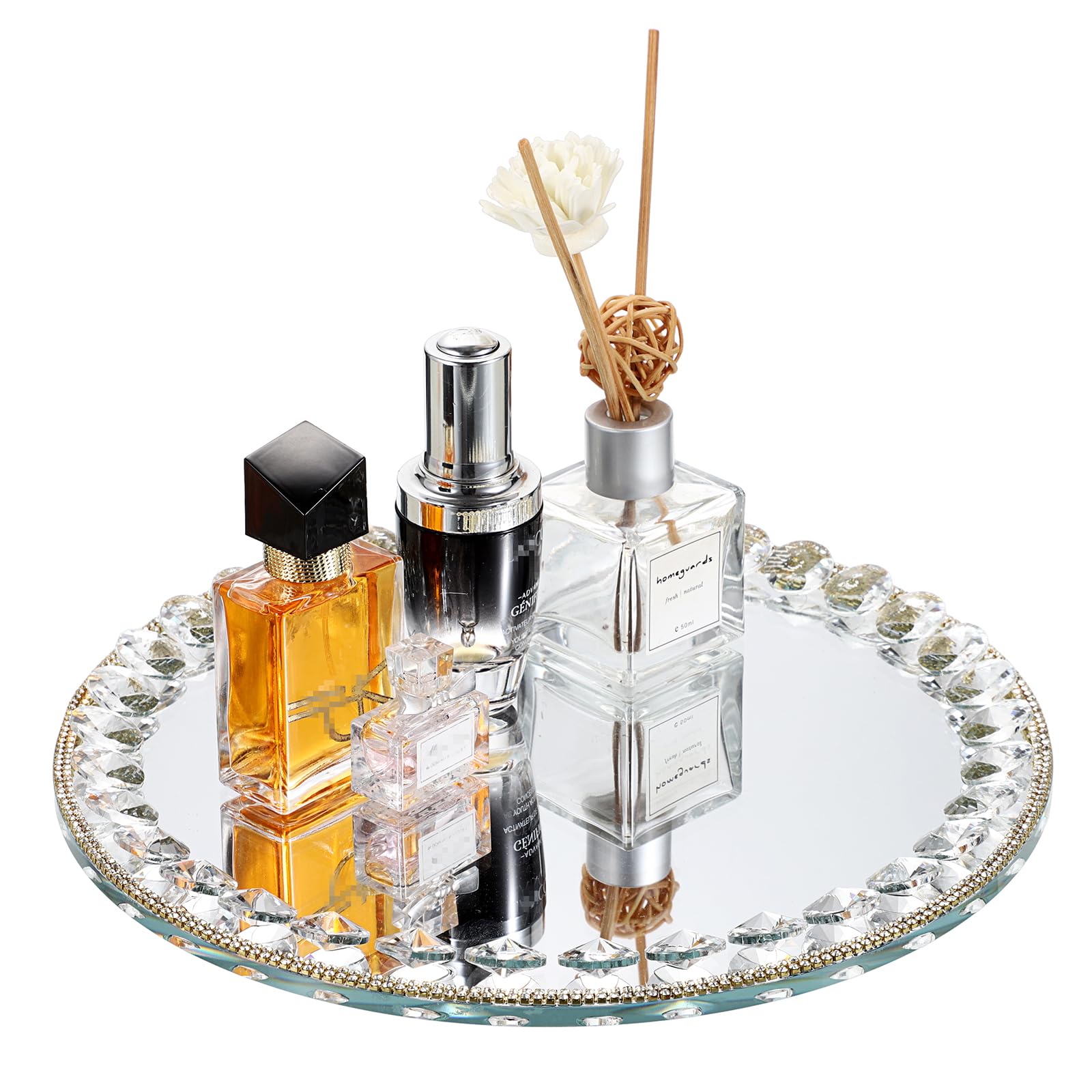 Hipiwe Mirror Glass Vanity Tray Sparkling Crystal Perfume Tray Round Decorative Tray Gorgeous Makeup Organizer Tray Jewelry Trin