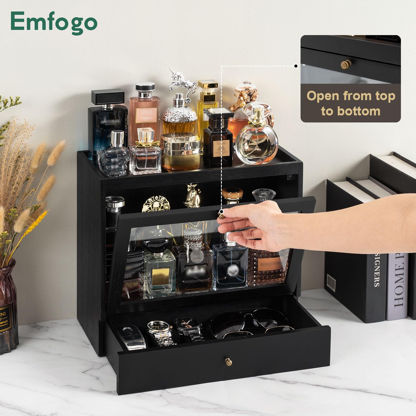 Emfogo Cologne Organizer for Men, Solid Wood Perfumes Organizer for Men Dresser, Large Capacity Dustproof Cologne Holder with Dr