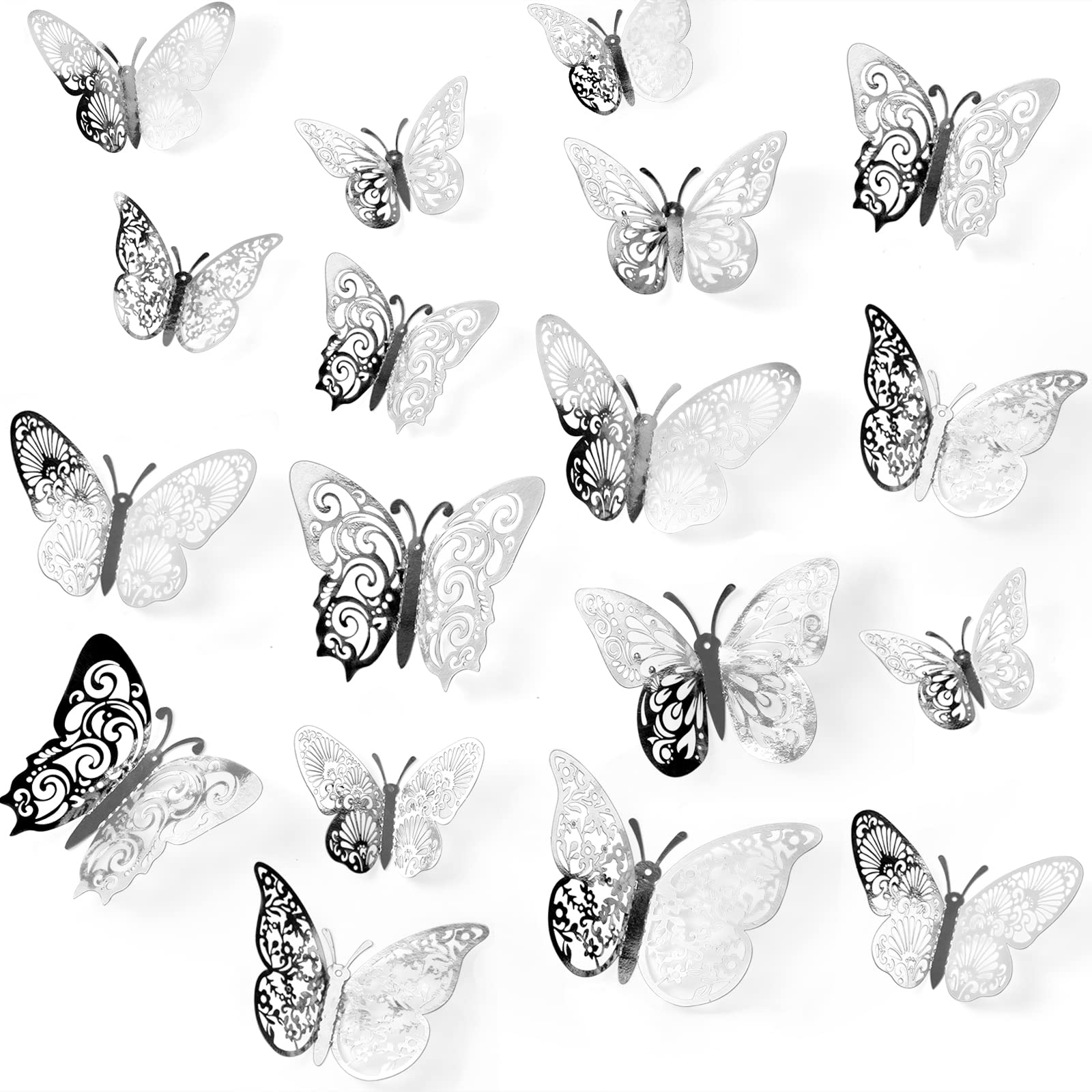 Crosize 72 Pcs Silver Butterfly Decorations, 3 Sizes 4 Styles, 3D Butterfly Wall Decor, Butterfly Party Decorations, Birthday De