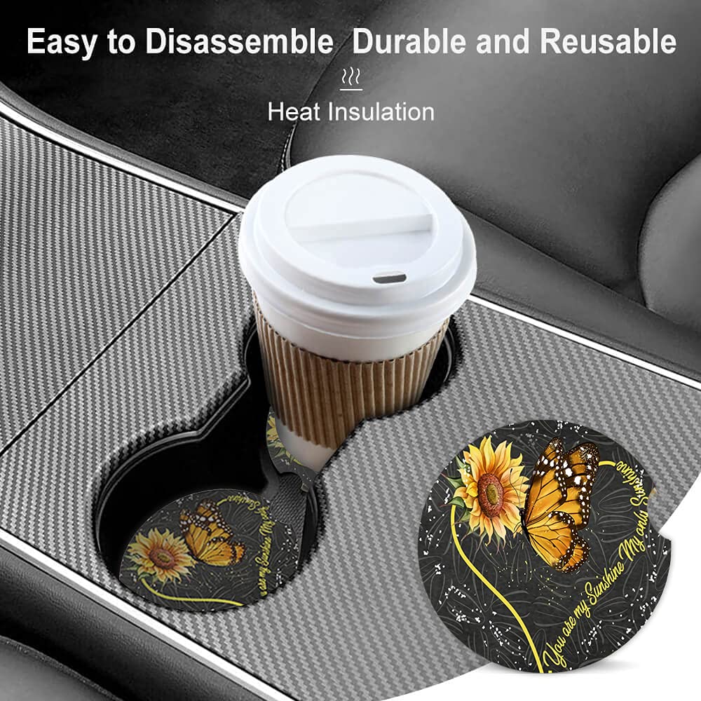 Butterfly Sunflower Absorbent Cup Holders Car Coasters Ceramic Stone Drinks Coaster Set for Women Man 2.56''(2 Pack)