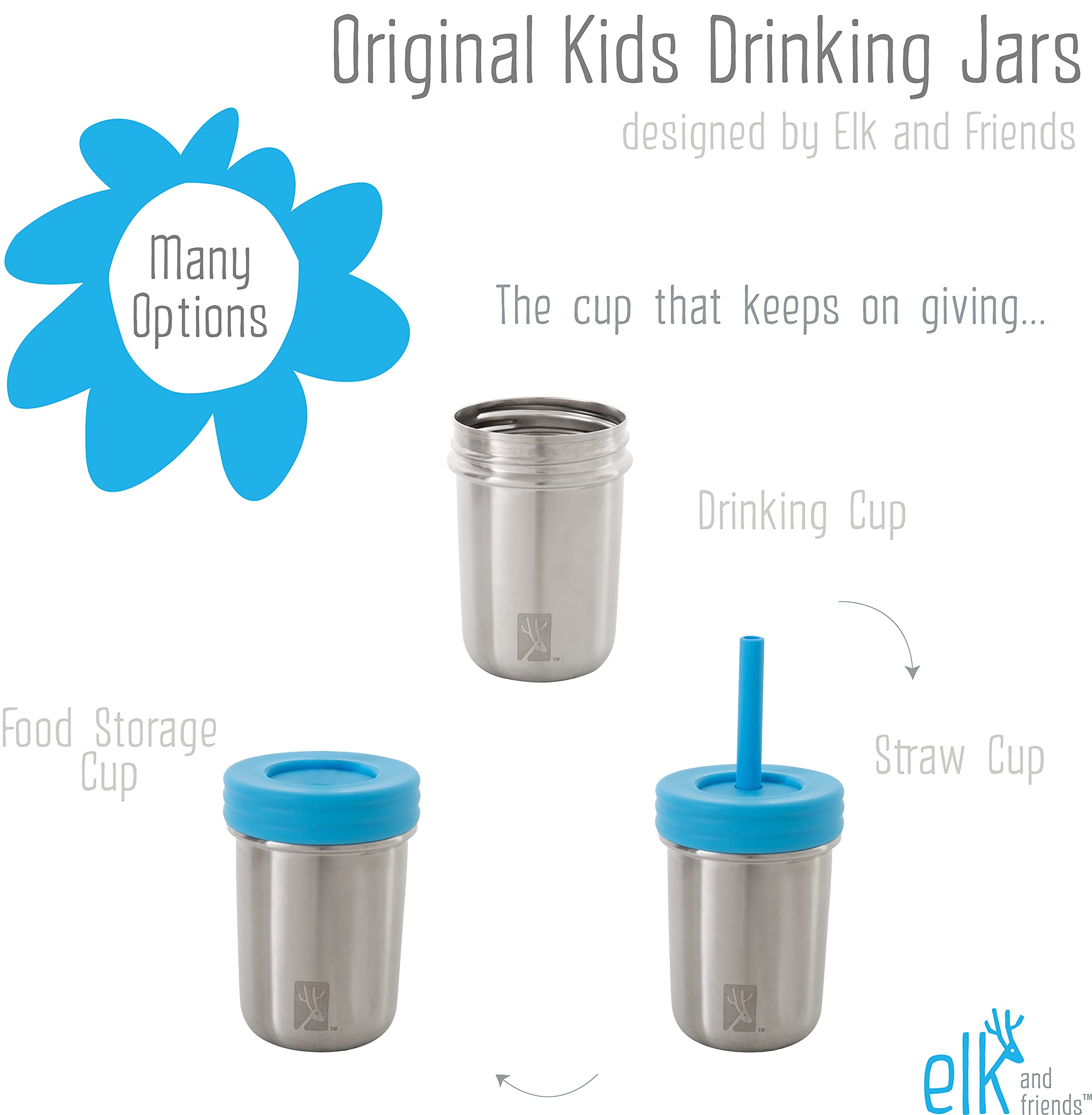 Elk And Friends Stainless Steel Cups | Mason Jar 10Oz | Kids & Toddler Cups With Silicone Sleeves & Straws With Stopper | Spill