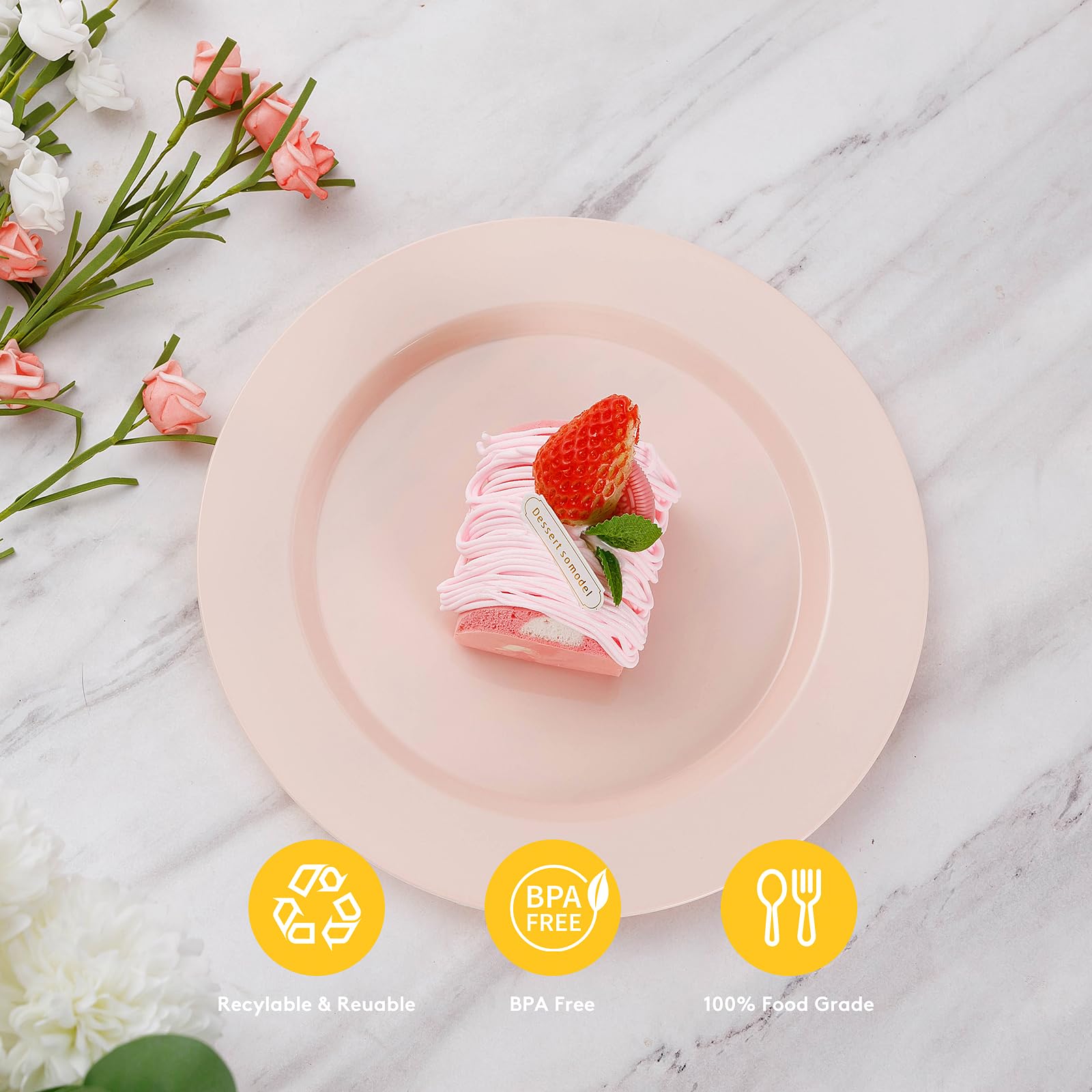 Goodluck 200Pcs Disposable Pink Plastic Plates, Heavy Duty Disposable Plates With 100 10.25 Inch Plastic Dinner Plates And 100 7