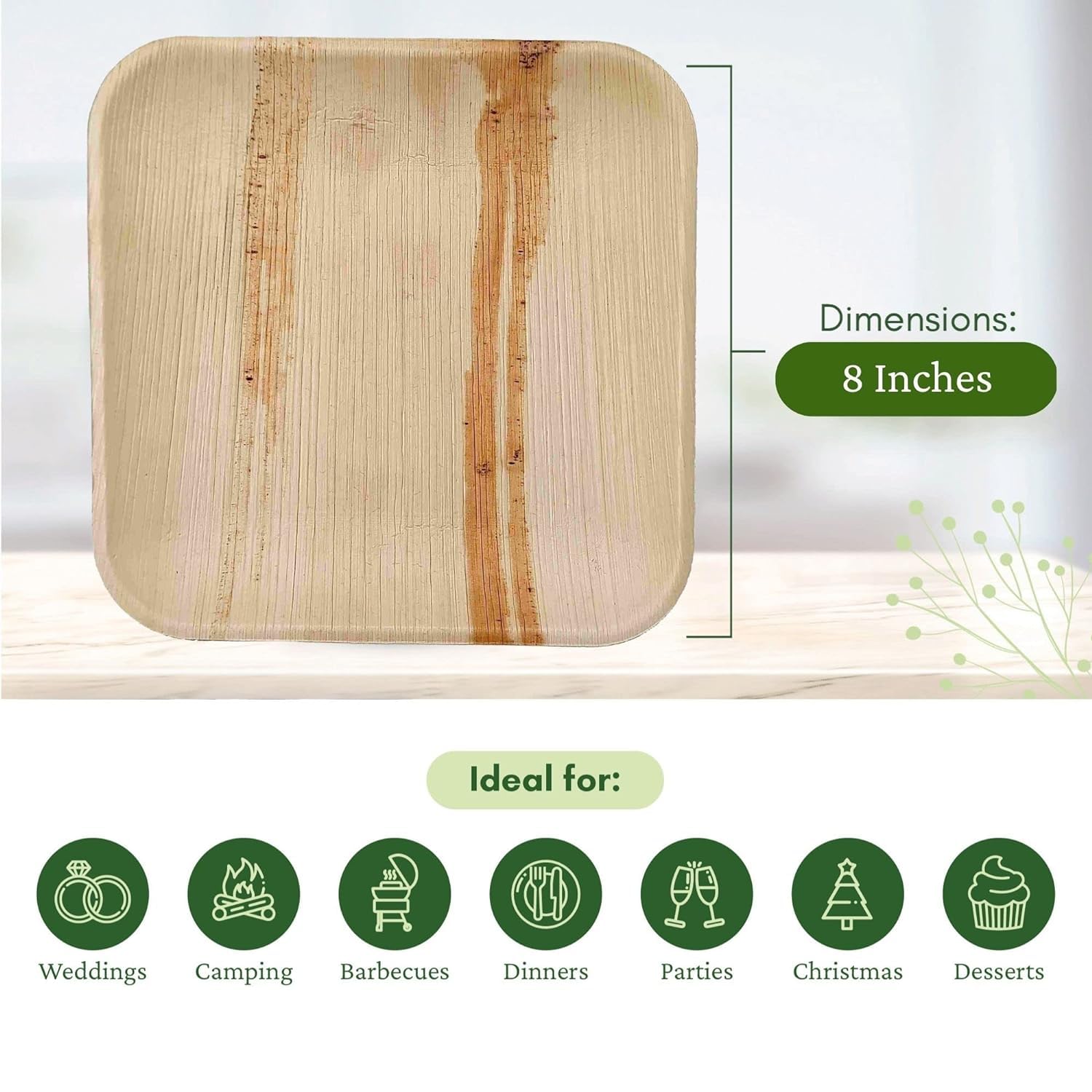 Dtocs Bamboo Plate Disposable Like 8 Inch Square Palm Leaf Plate (50) | Elegant  Sturdy  Compostable Dessert  Cake  Appetizer  Mini Dinner Plate Alternate to Party Plastic  Wooden  8'' Paper Plates