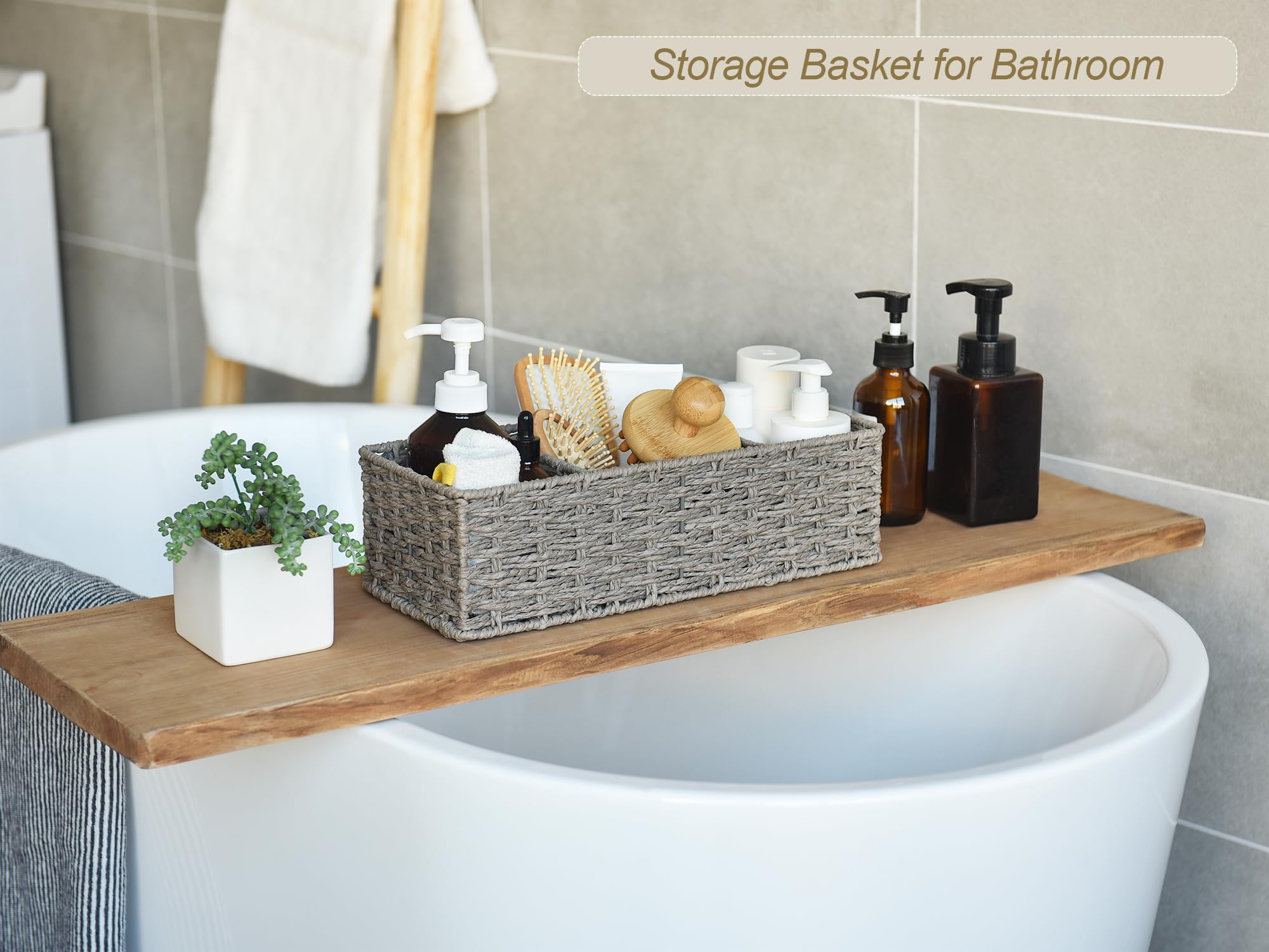 StorageWorks 3-Section Wicker Baskets for Shelves  Hand-Woven Round Paper Rope Storage Baskets  Gray  2-Pack