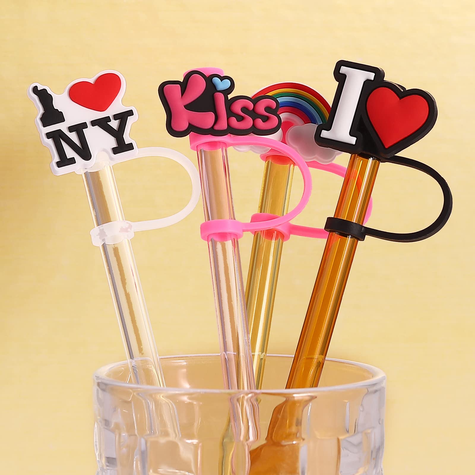 8Pcs Heart Straw Covers Reusable Kiss Straw Toppers Dust-Proof Rainbow Straw Tips Plugs For Mothers Day Wedding Party Moms Birth