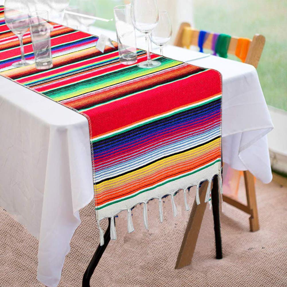 Mexican Table Runner 14 X 84 Inch Mexican Serape Table Runner For Mexican Party Wedding Decorations, Fringe Cotton Table Runner