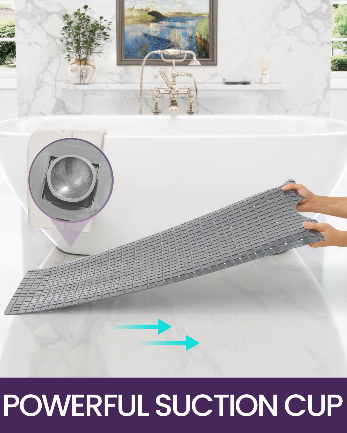 Dexi Bath Tub Shower Mat Non-Slip 16 X 39 Extra Long Bathtub Mats, Suction Cups, Drain Holes, Machine Washable Bathroom Mat, Gre