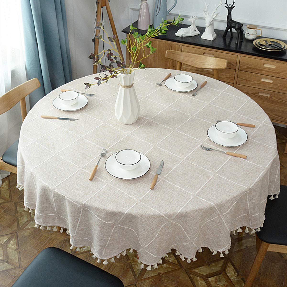 Heavy Weight Cotton Linen Tablecloth  Plaid Tassel Round Table Cover for Kitchen Dining Small Table 24''-40'' (2 Seats)  Round - 48''  Beige