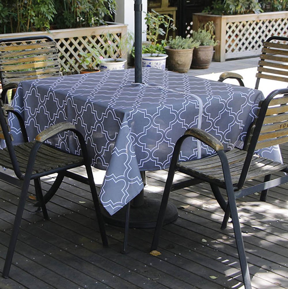 Melaluxe Spring/Summer Wrinkle-Free Waterproof Outdoor Tablecloth with Umbrella Hole and Zipper,60-Inch-by-102 Rectangle,Grey