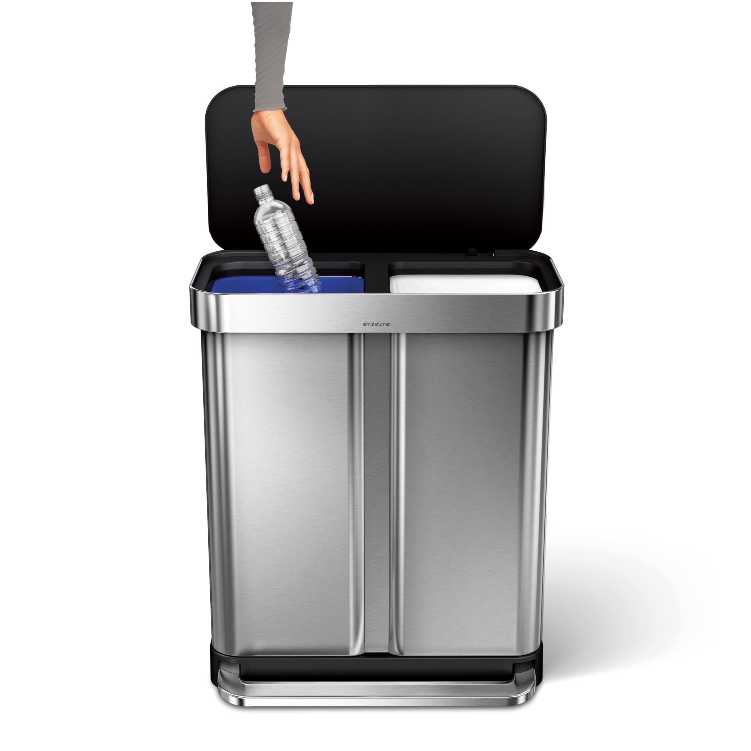 Simplehuman 58 Liter / 15.3 Gallon Rectangular Dual Compartment Recycling Kitchen Step Trash Can With Soft-Close Lid, Brushed St