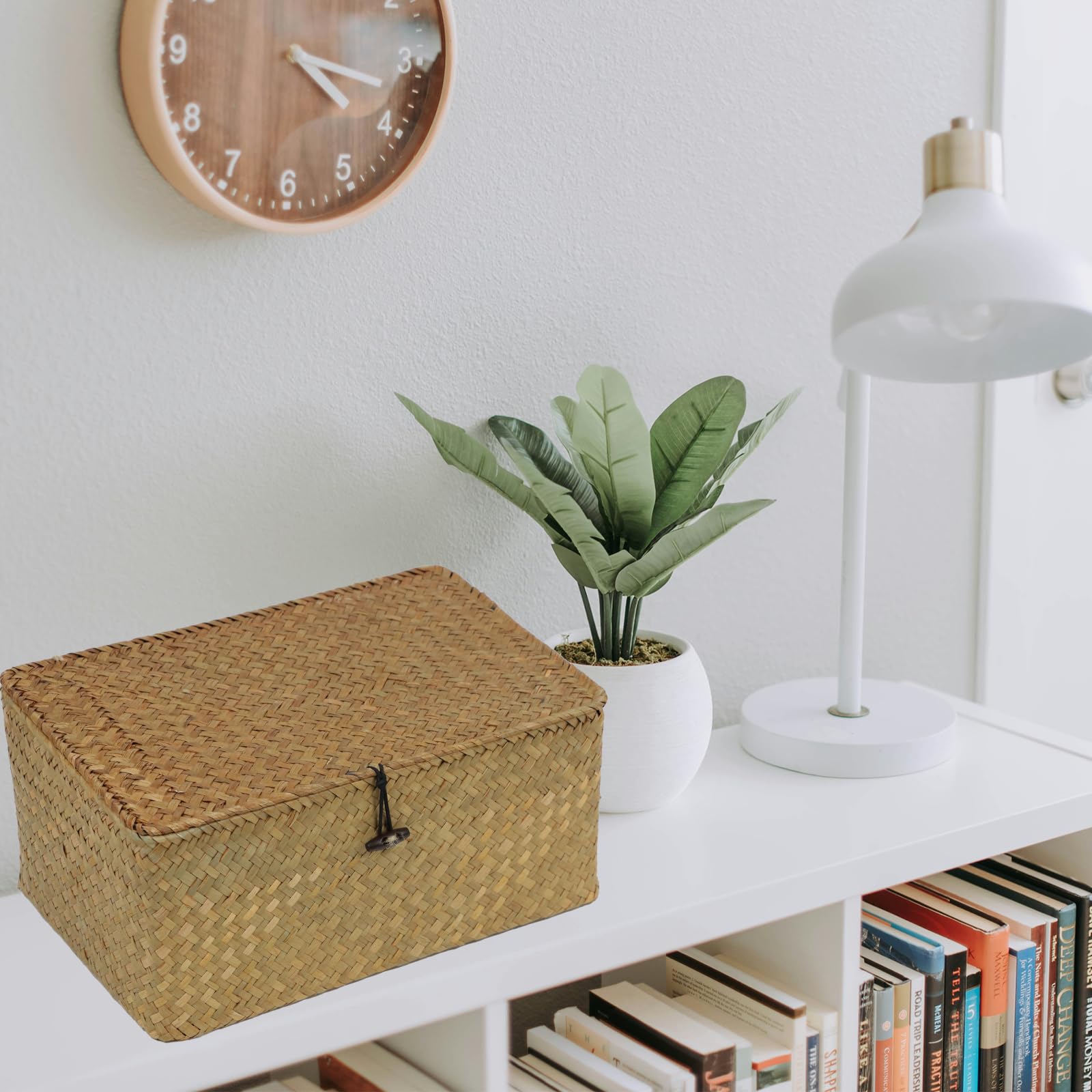 Wicker Storage Basket With Lid, Natural Seagrass Woven Shelf Basket For Storage, Rectangular Decorative Storage Bins Boxes Home