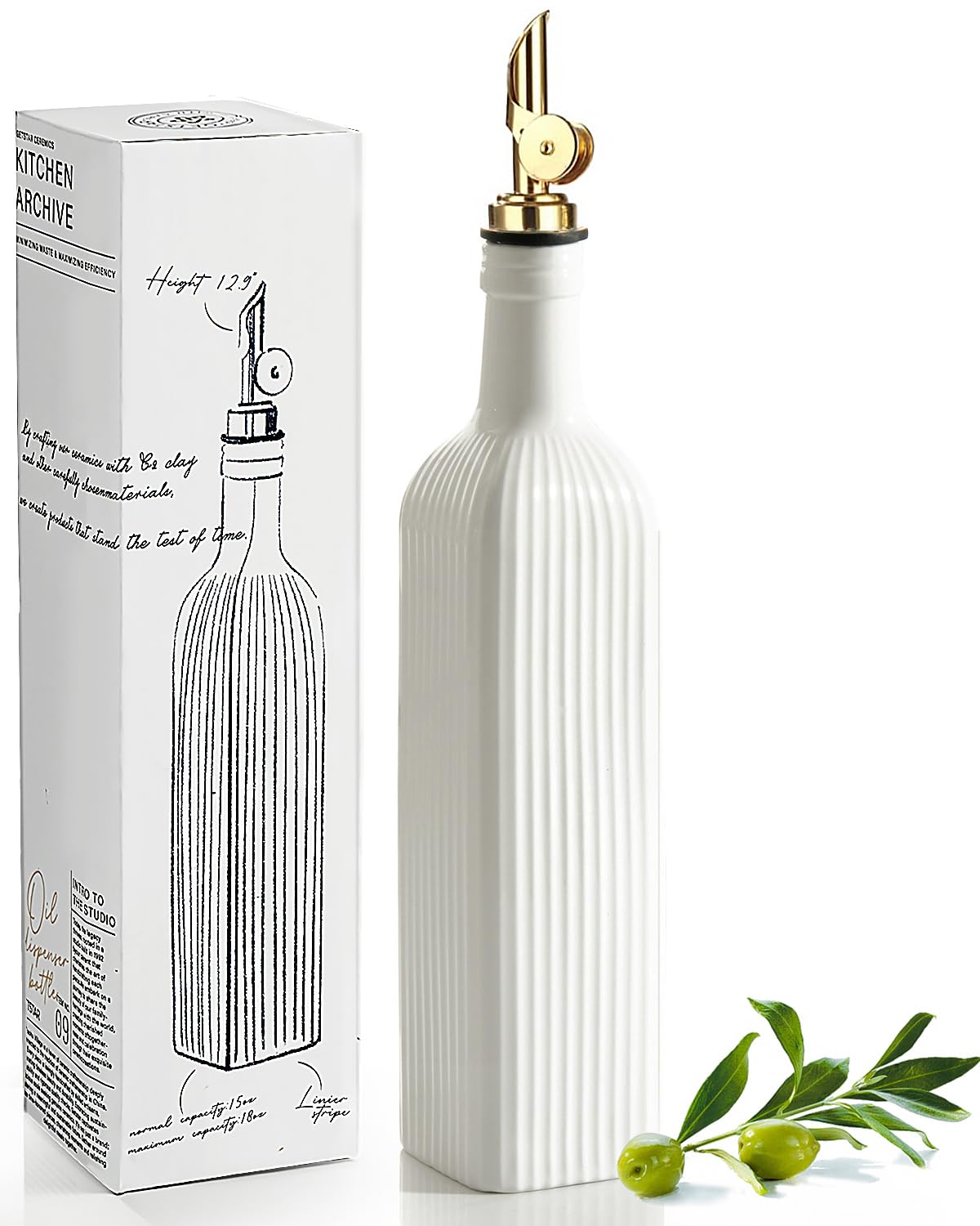 getstar 18 oz Olive Oil Dispenser Bottle for Kitchen, Ceramic Oil Bottle with Automatic Stainless Steel Pourer (Golden Pourer)