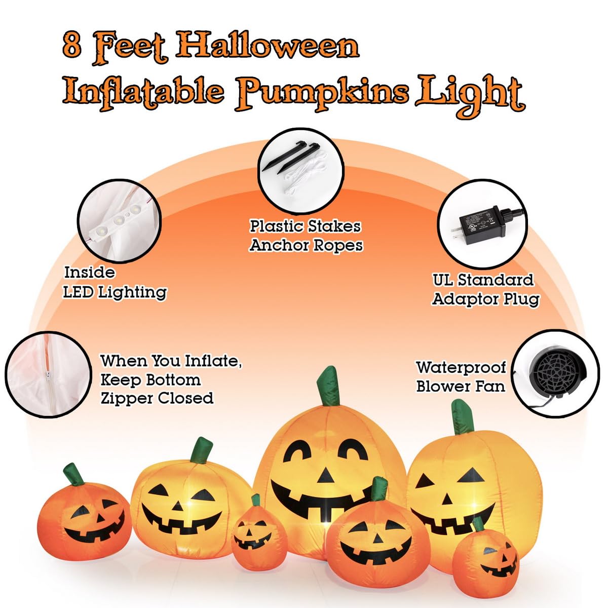 Decfine Halloween Inflatable Pumpkin Outdoor Decoration,JackoLanterns with Build-in LED Lights, Blow Up 7 Pcs Pumpkins Patch for