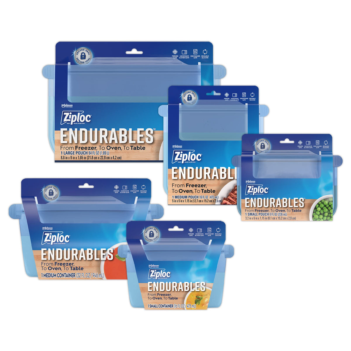 Ziploc Endurables Pouch And Containers Variety Pack, Reusable Silicone Bags And Food Storage Meal Prep Containers For Freezer, O