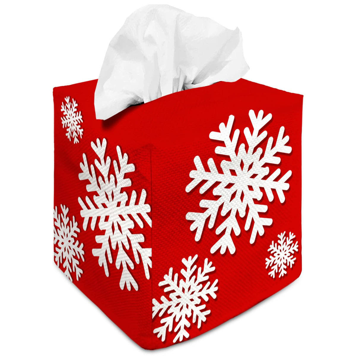 Tissue Box Cover Square Canvas Decorative Tissue Box Holder Cute Funny Cube Tissue Case Cover-Xmas Decor Christmas Snowflake Red