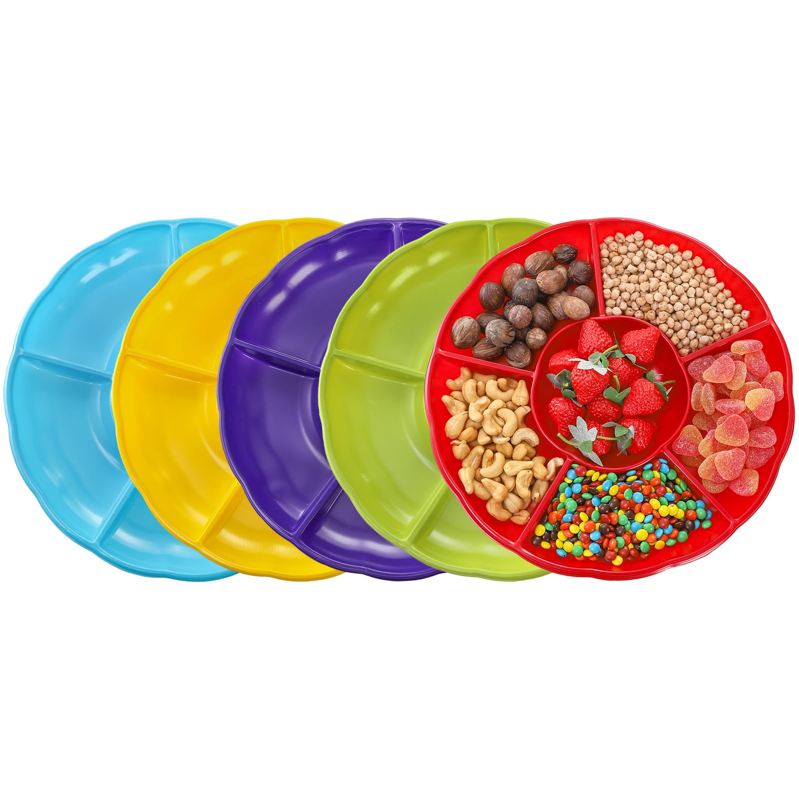 Frcctre 20 Pack 6 Sectional Round Plastic Appetizer Serving Platter, 12 Inch Disposable Divided Snack Serving Platter Food Tray