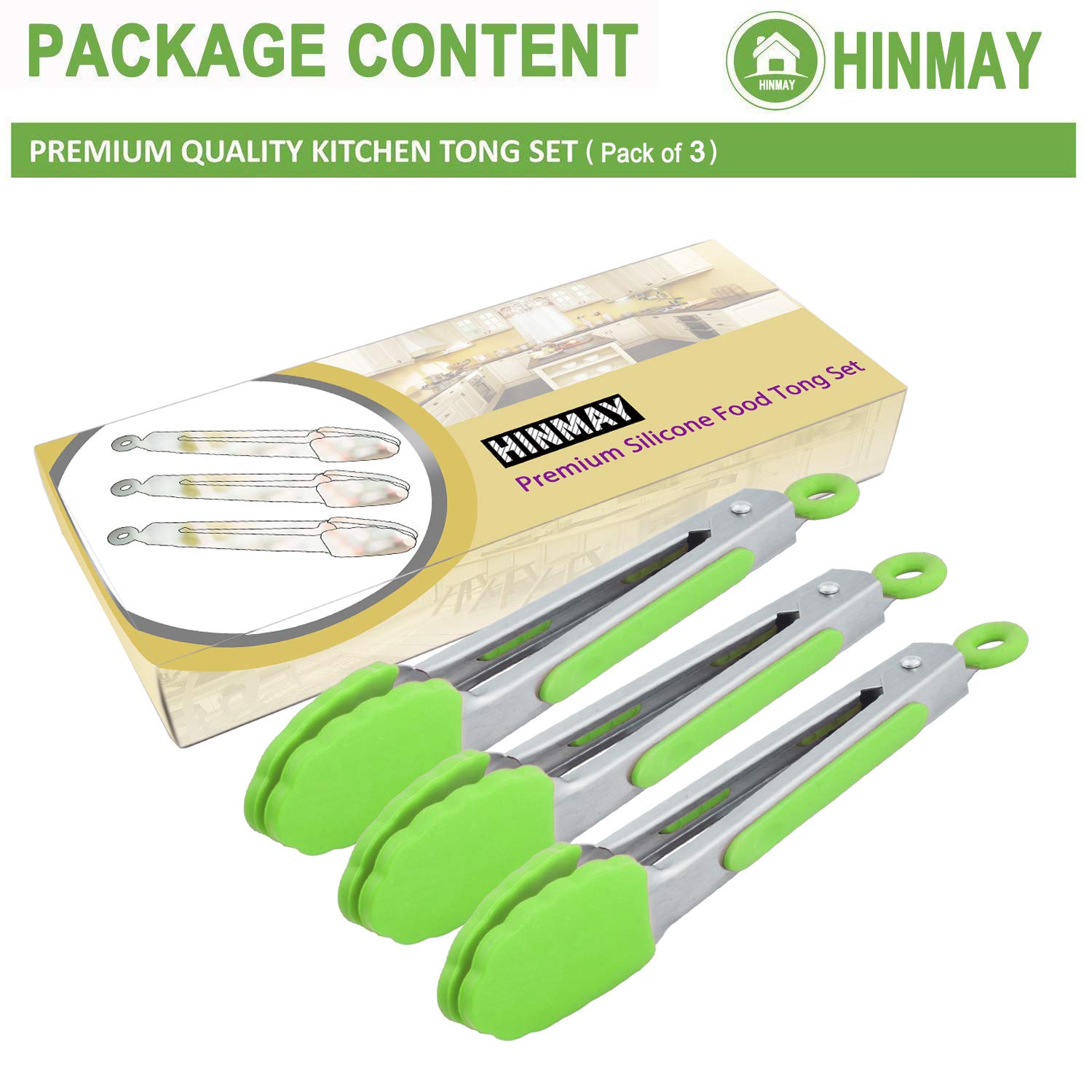 Hinmay Mini Tongs With Silicone Tips 7 Inch Small Cooking Tongs, Set Of 3 (Green)