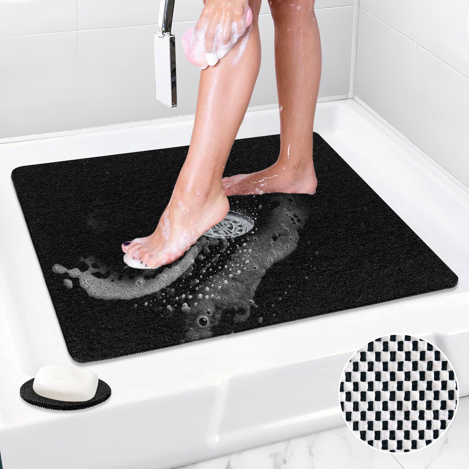 Mofonky Shower Mat Non Slip: 24X24 Inch Square Shower Mats With Drain Hole In Middle - Soft Loofah Quick Drying Matt For Shower