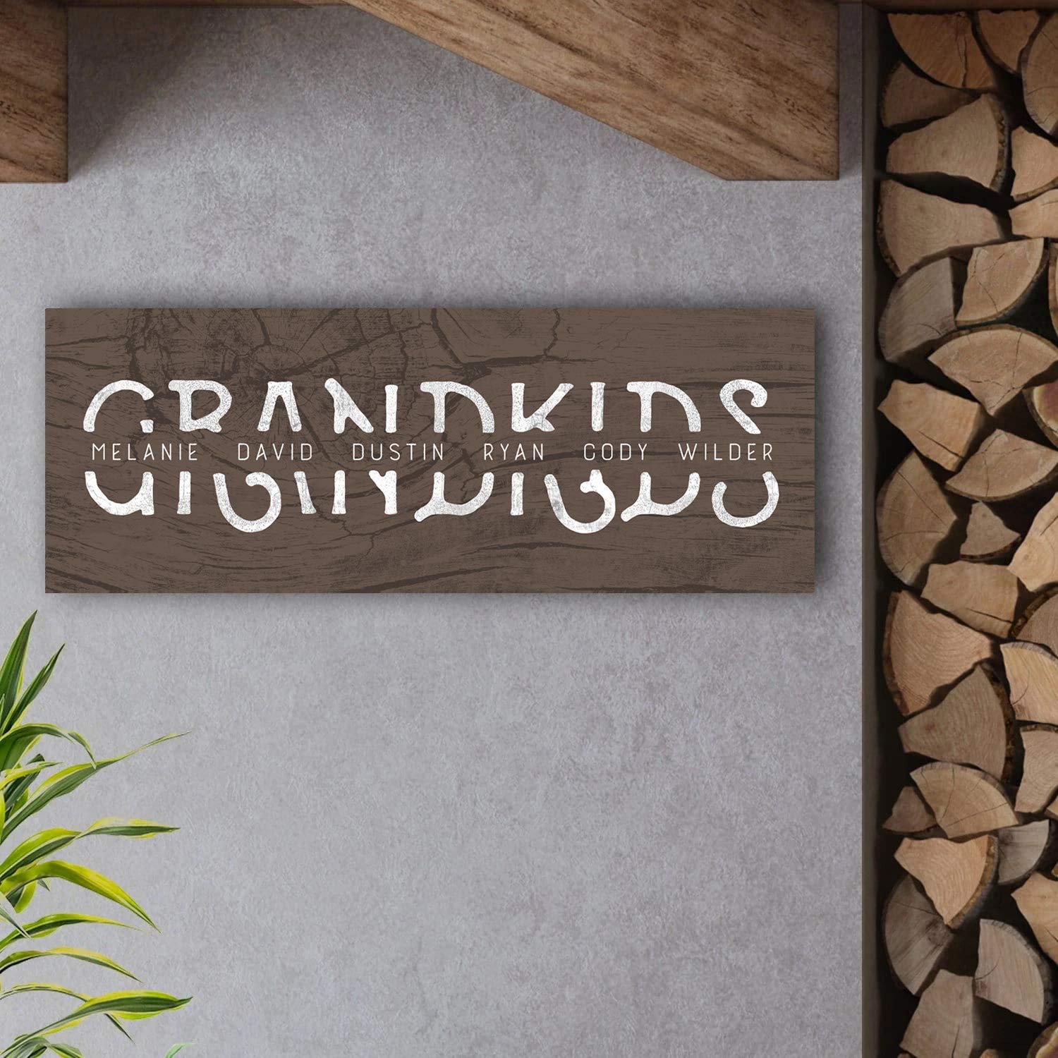Grandkids - Personalized Art Gift For Grandparents (Rustic Woodgrain, 6.5''X18'' Block Mount)