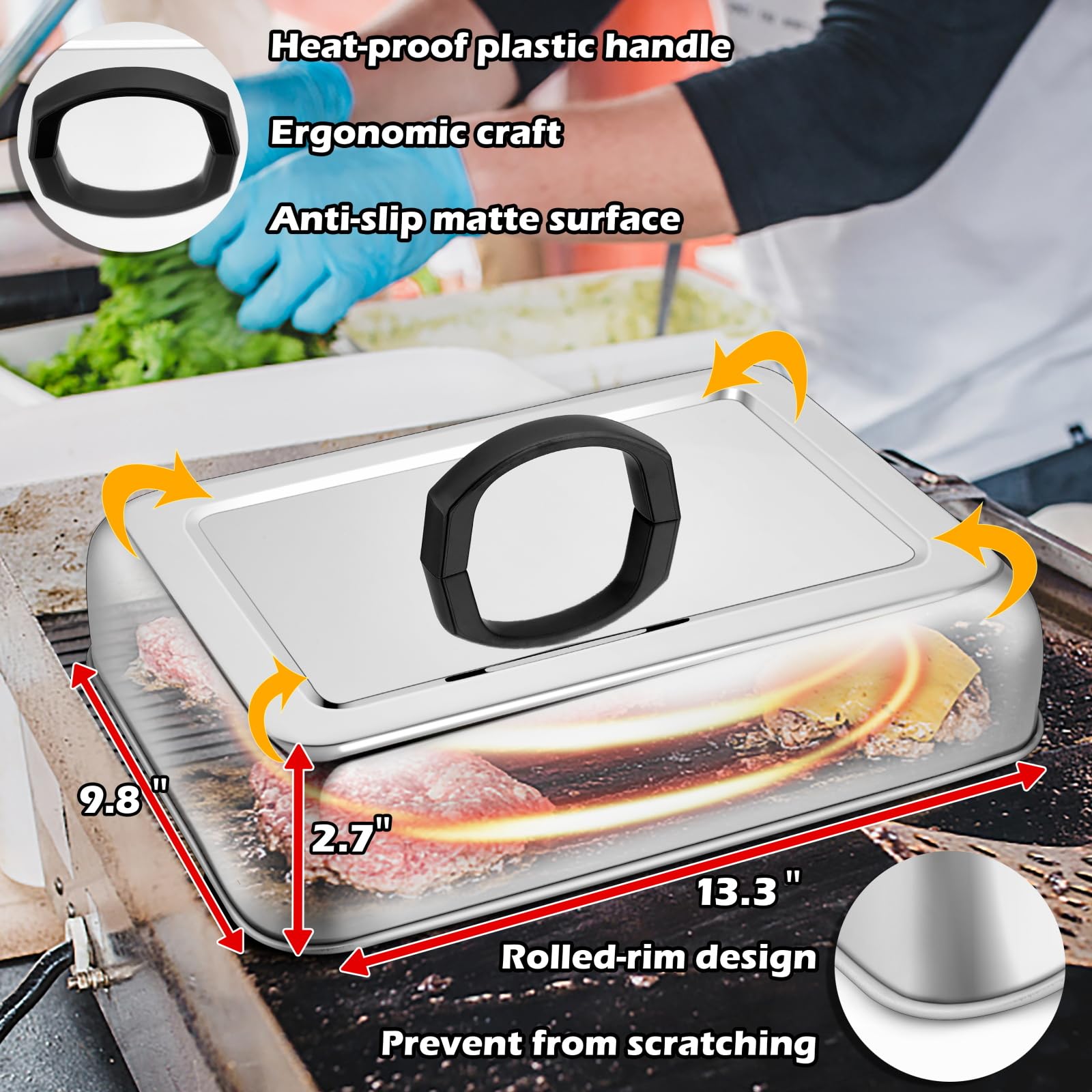 Rectangular Melting Dome 2Pcs, Hasteel 13.3 X 9.8In Stainless Steel Bating Steaming Cover, Heavy Duty Solid Griddle Lid & Grill
