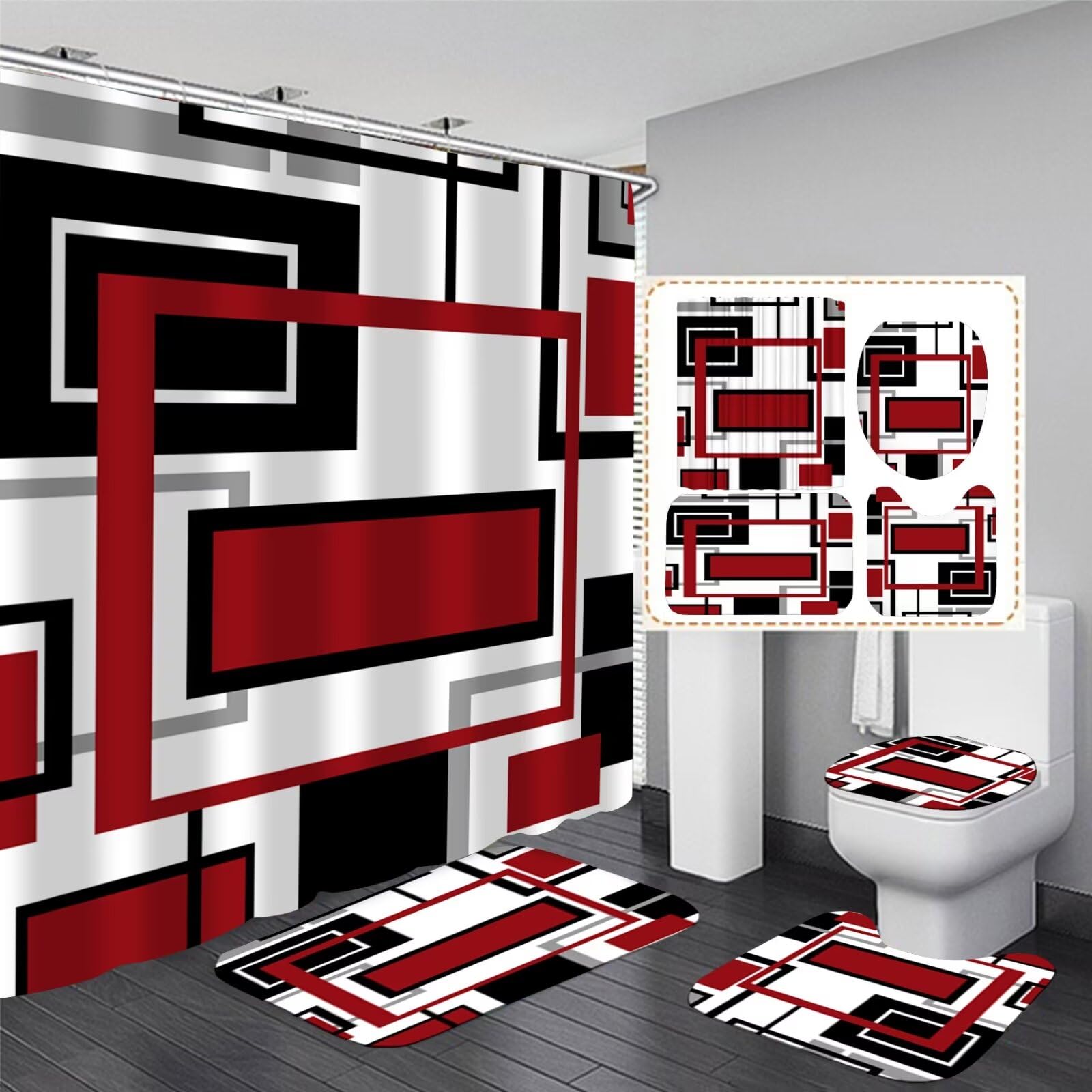 Yddsky 4 Pcs Red Geometric Shower Curtain Sets Non-Slip Rugs Bath Mat, Toilet Cover, U-Shaped Mat, Abstract Geometric Modern Sho