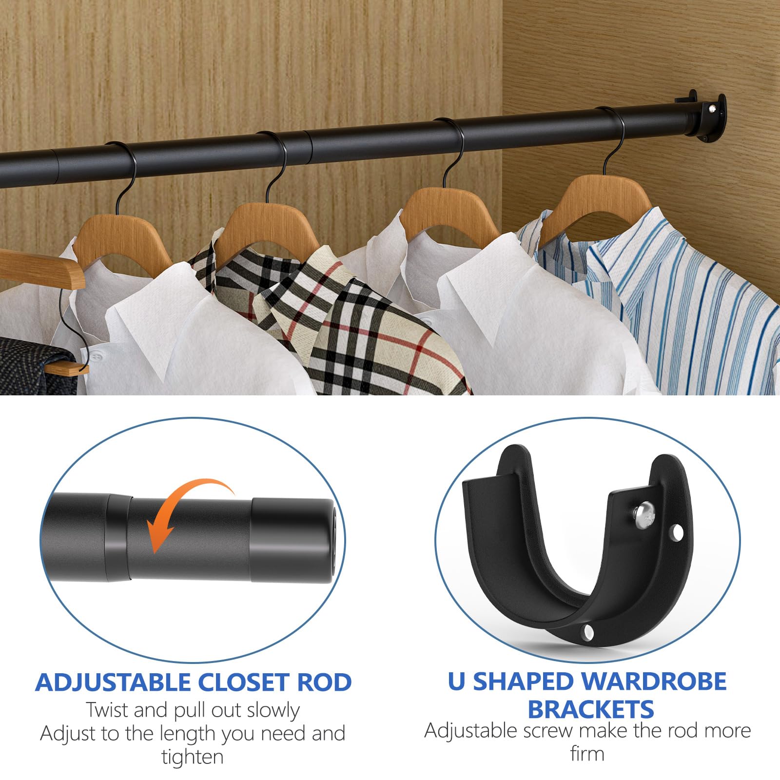 Sutine Closet Rods For Hanging Clothes, 17 To 83 Inch Closet Rod, Heavy Duty Adjustable Clothes Hanging Bar Rod Matte Black Clos