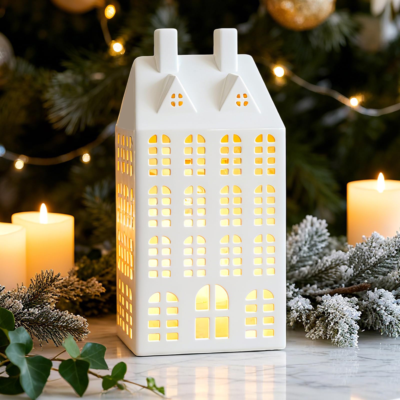 DN DECONATION Light Up Christmas Village House, White Ceramic House Decor with Lights, Modern Christmas Town Building Decoration