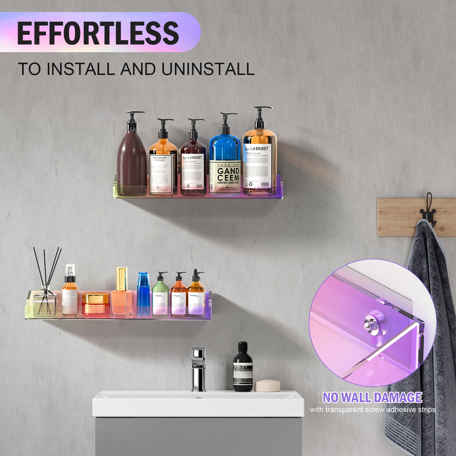 Bakzon 2 Pack Acrylic Shelves For Wall Storage, 15'' Floating Shelves, Kids Bookshelf, Nail Polish Holder, Perfume Display Shelf