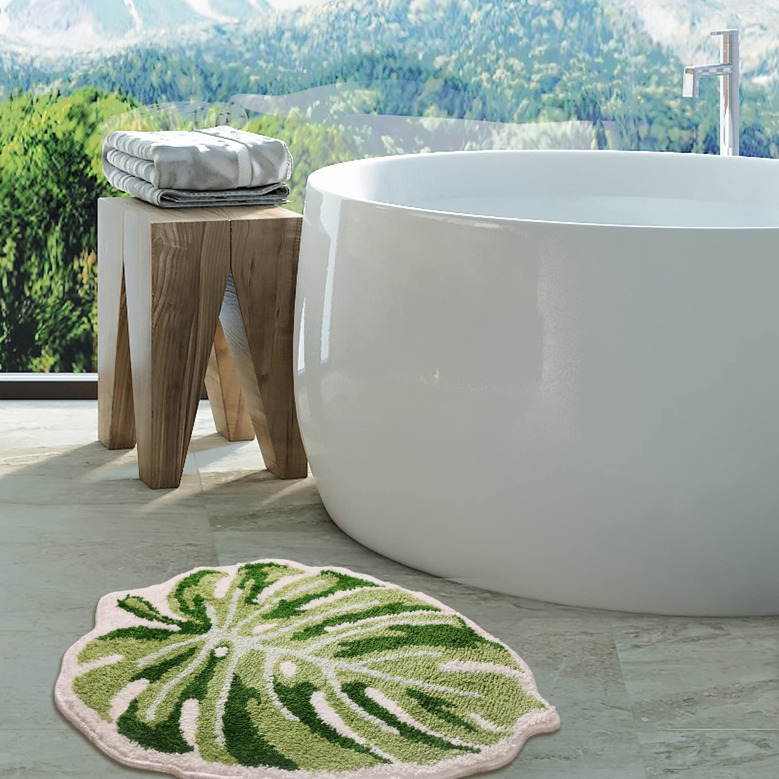 Panstar Green Leaf Mat, Large Monstera Cute Non Slip Palm Shaped Plush Fun Kitchen, Bathroom Bathtub Rugs Machine Washable