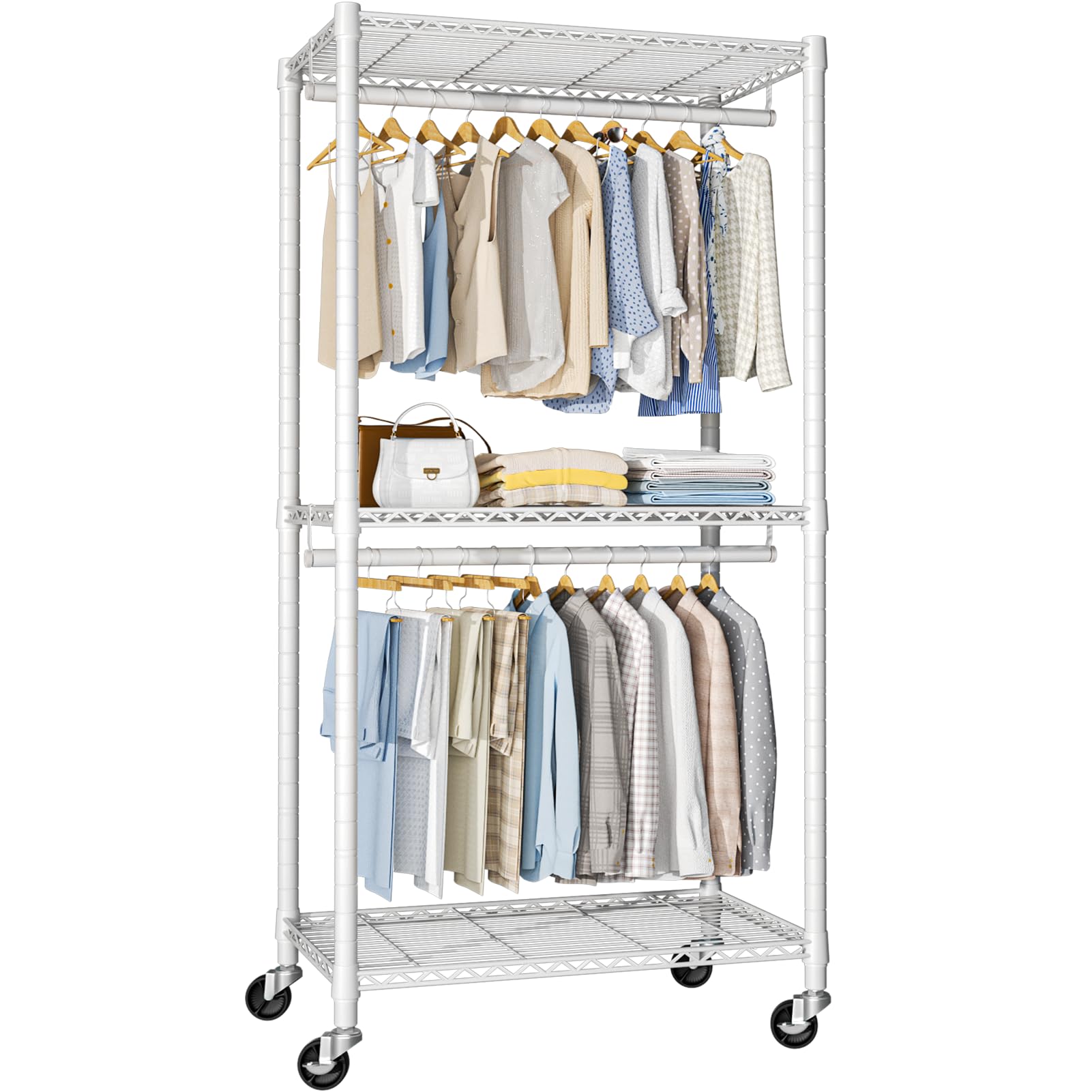 Futassi P1 Medium Heavy-Duty Portable Closet, 30'' W X 14'' D X 76'' H, Metal Rolling Clothing Rack, White