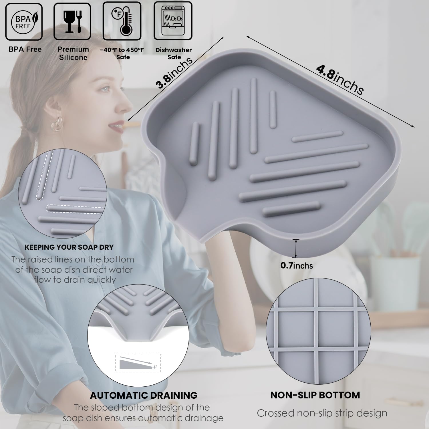 Yasmen 2 Pcs Silicone Soap Dish, Soap Holder With Drain, Sponge Holder For Kitchen Sink, Soap Dispenser Tray, Bathroom & Kitchen